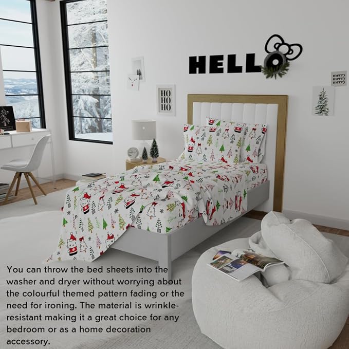 Full view of the flannel sheet set showcasing the festive design and cozy flannel material.