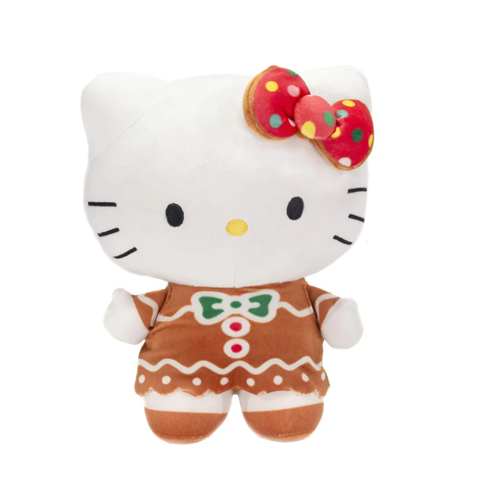 Hello Kitty 10-inch gingerbread holiday plush toy with colorful dress and polka dot bow, perfect for gifting.