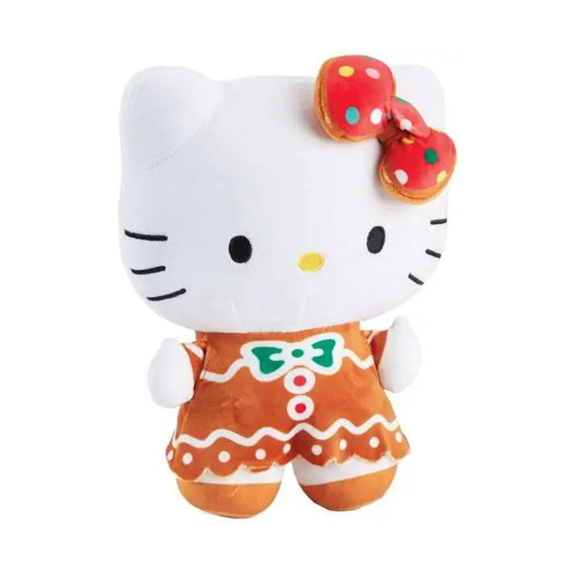 Close-up of Hello Kitty plush in gingerbread attire, showcasing embroidered and appliqué details.