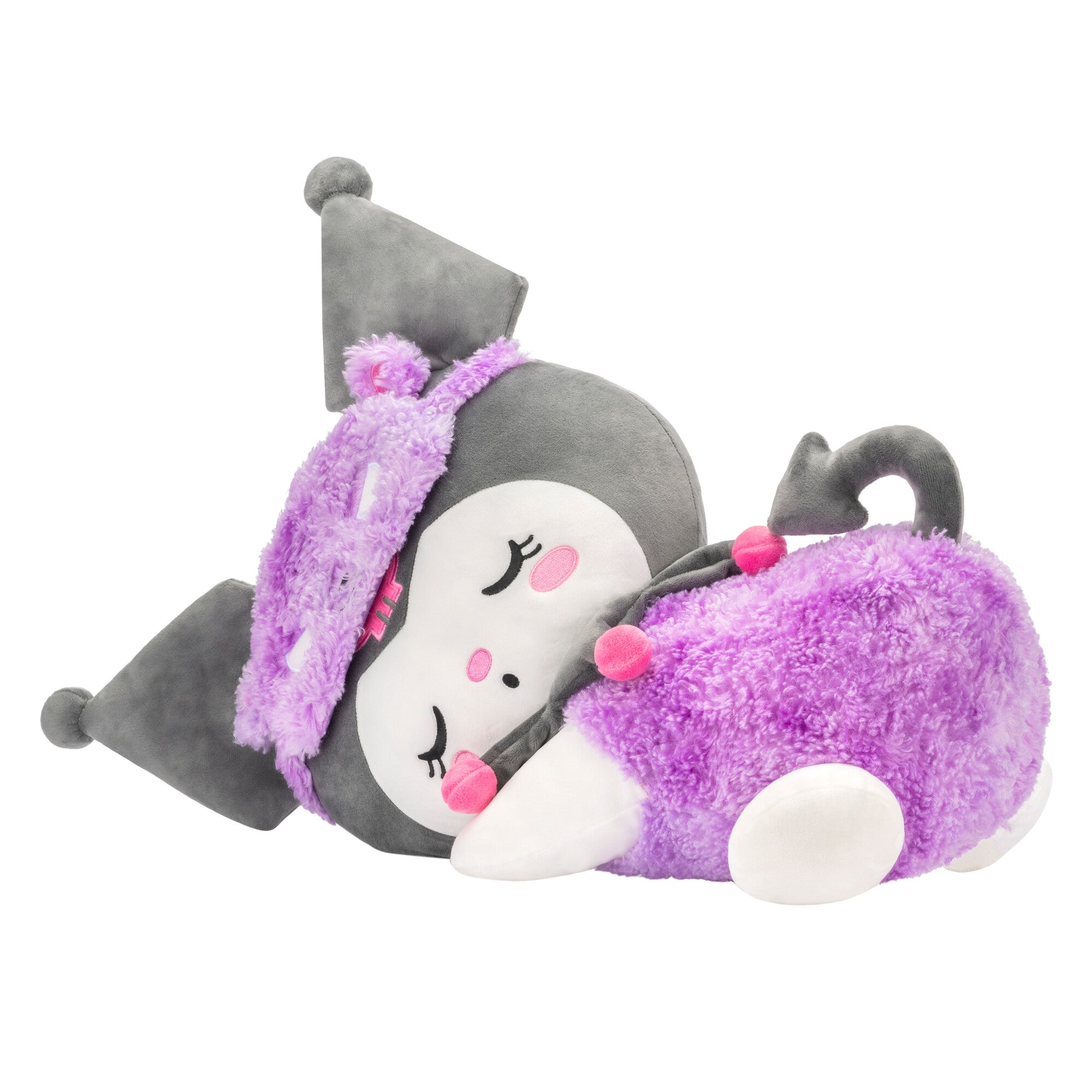 Size comparison of 18" Kuromi plush doll next to standard pillow for scale