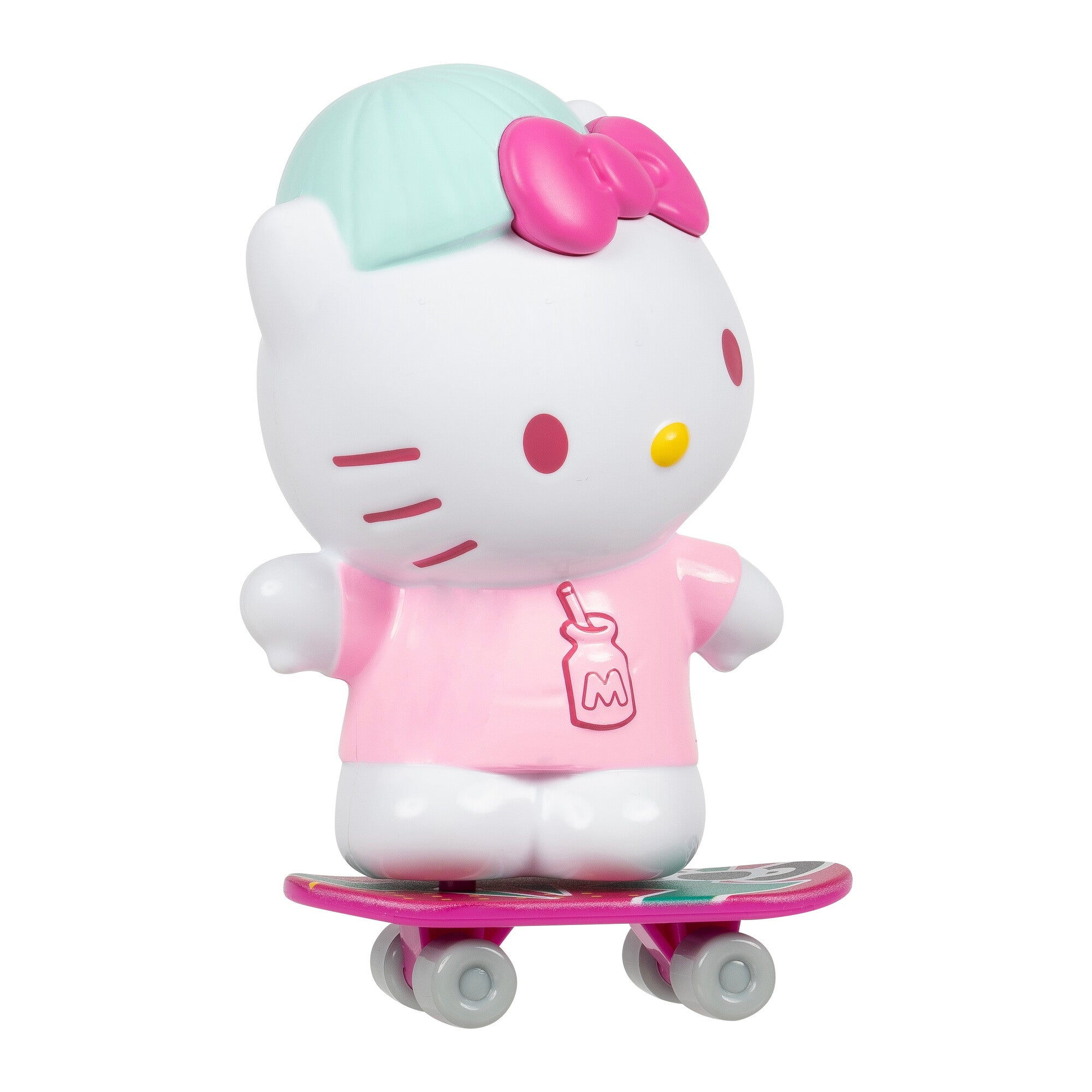 Cinnamoroll, Pompompurin, and Keroppi 4" figures with skateboard accessories, back view