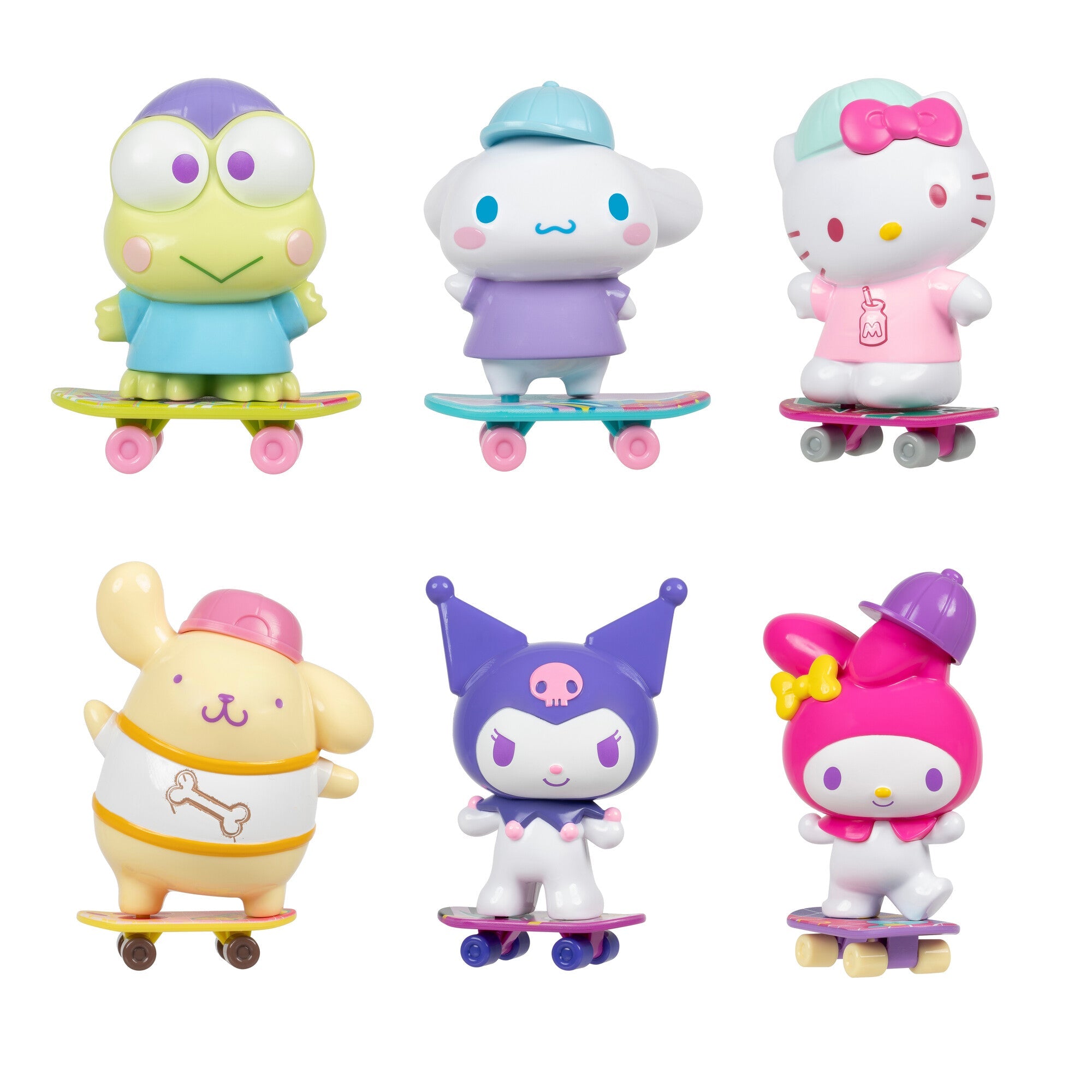 Cinnamoroll, Pompompurin, and Keroppi 4" figures with skateboard accessories, back view