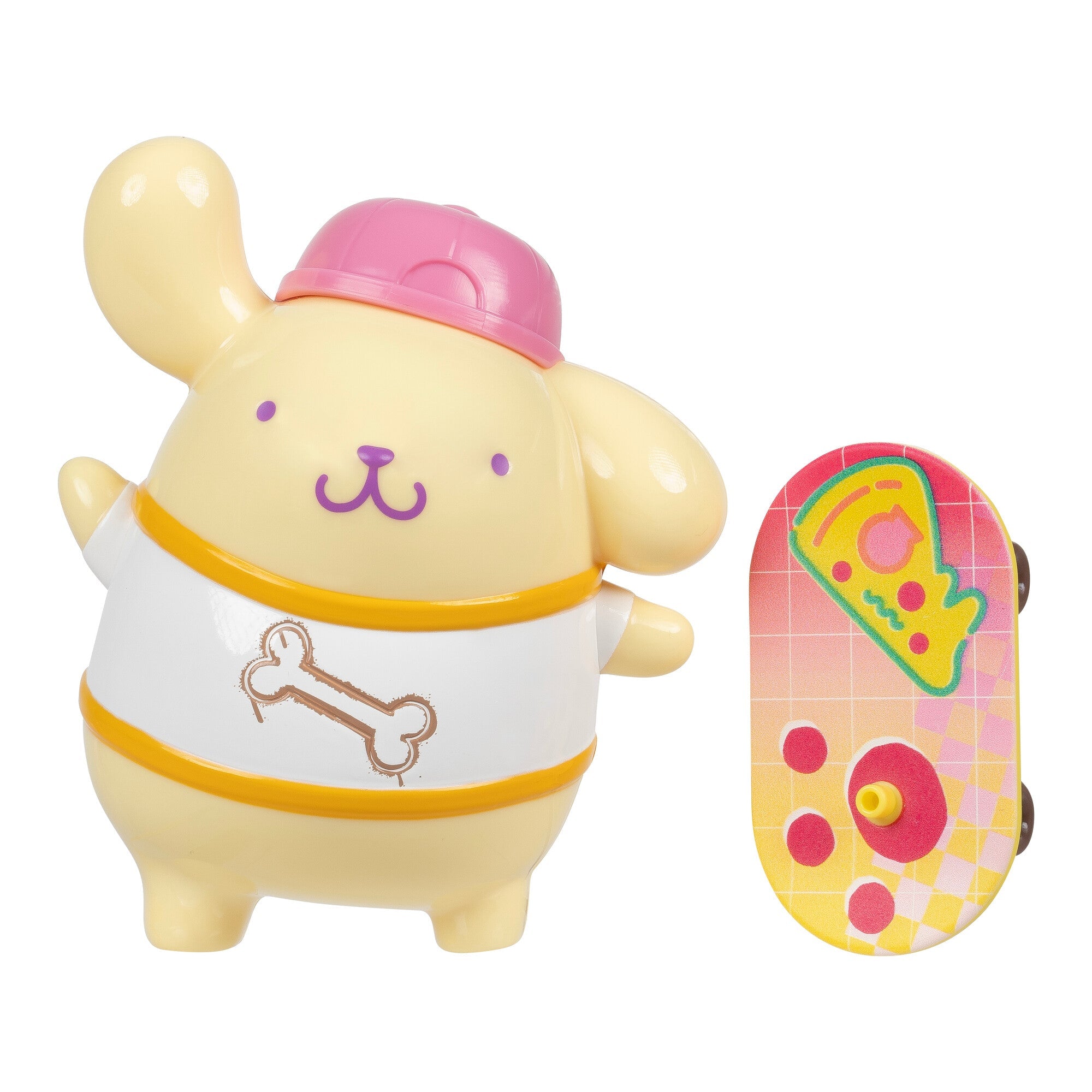 Cinnamoroll, Pompompurin, and Keroppi 4" figures with skateboard accessories, back view