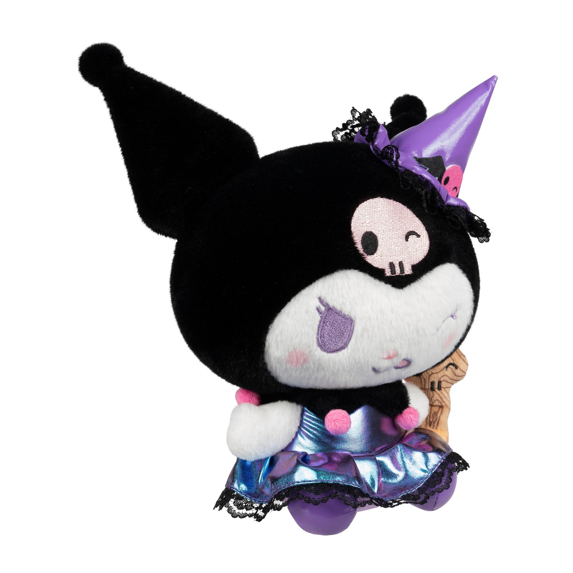 Kuromi Halloween plush displayed on a pumpkin with witch hat detail