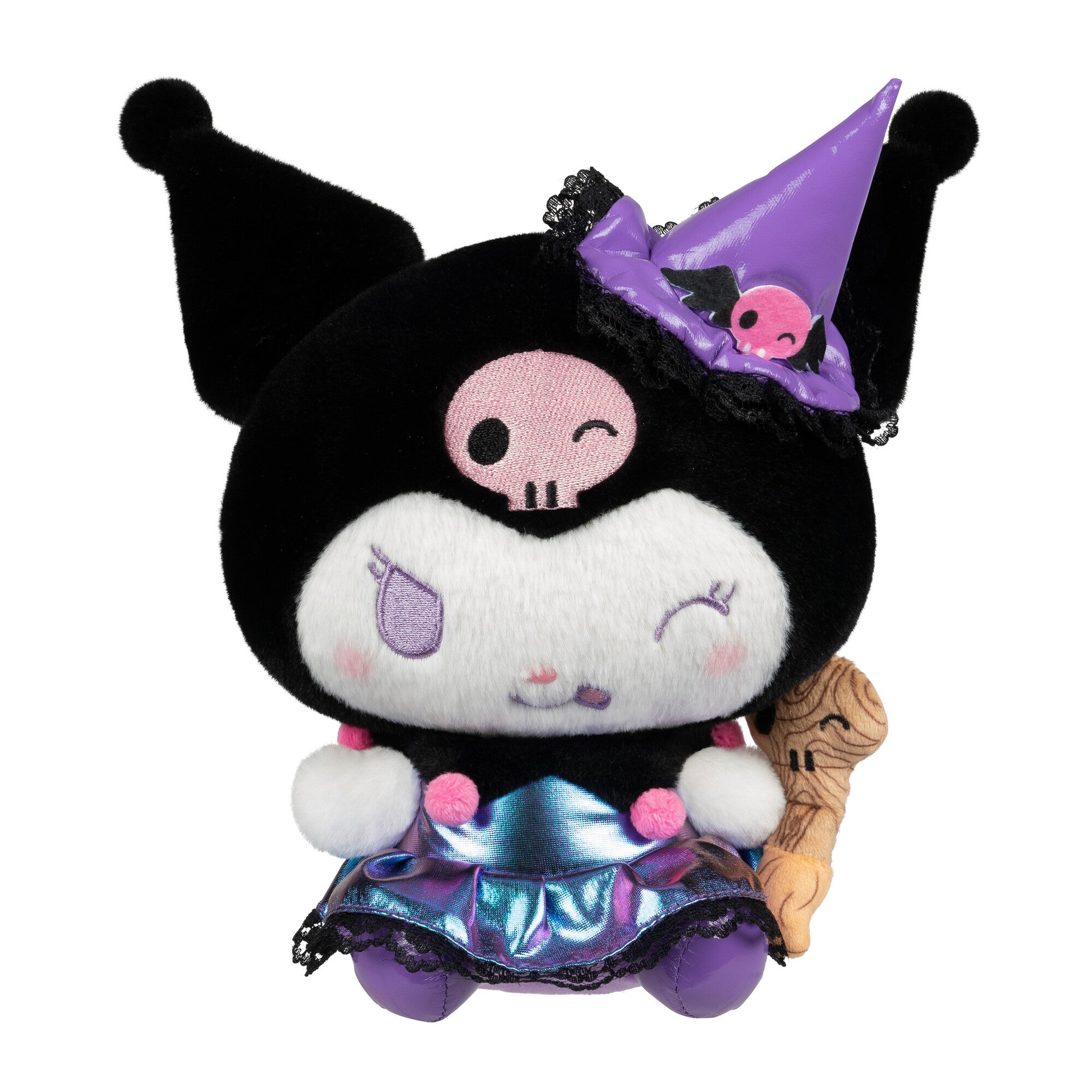 Kuromi Halloween plush displayed on a pumpkin with witch hat detail