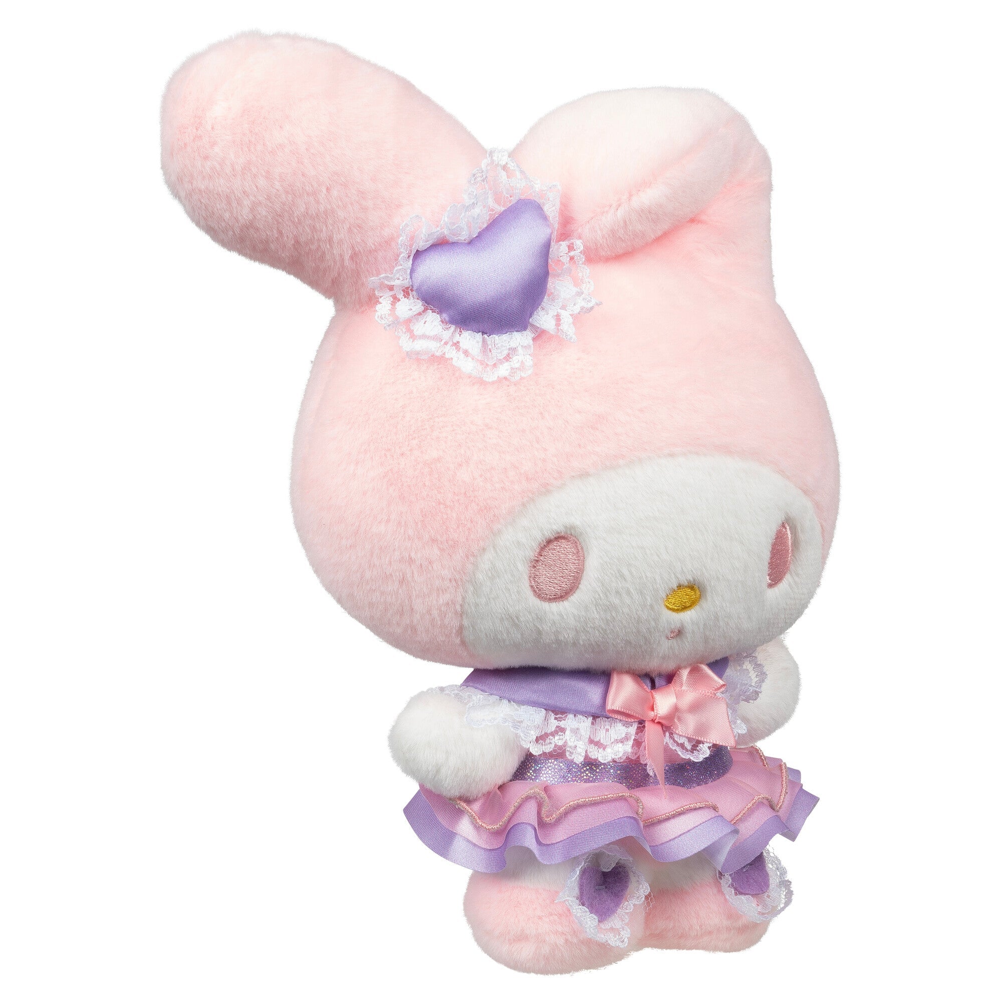 Close-up of My Melody plush showing embroidered details and lace bow.