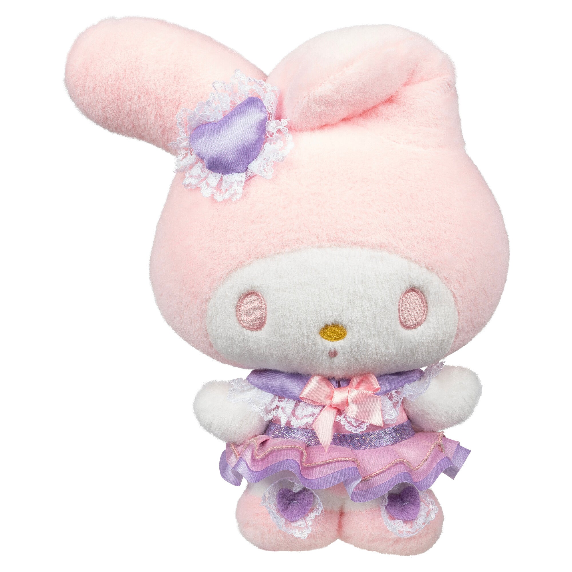 Close-up of My Melody plush showing embroidered details and lace bow.