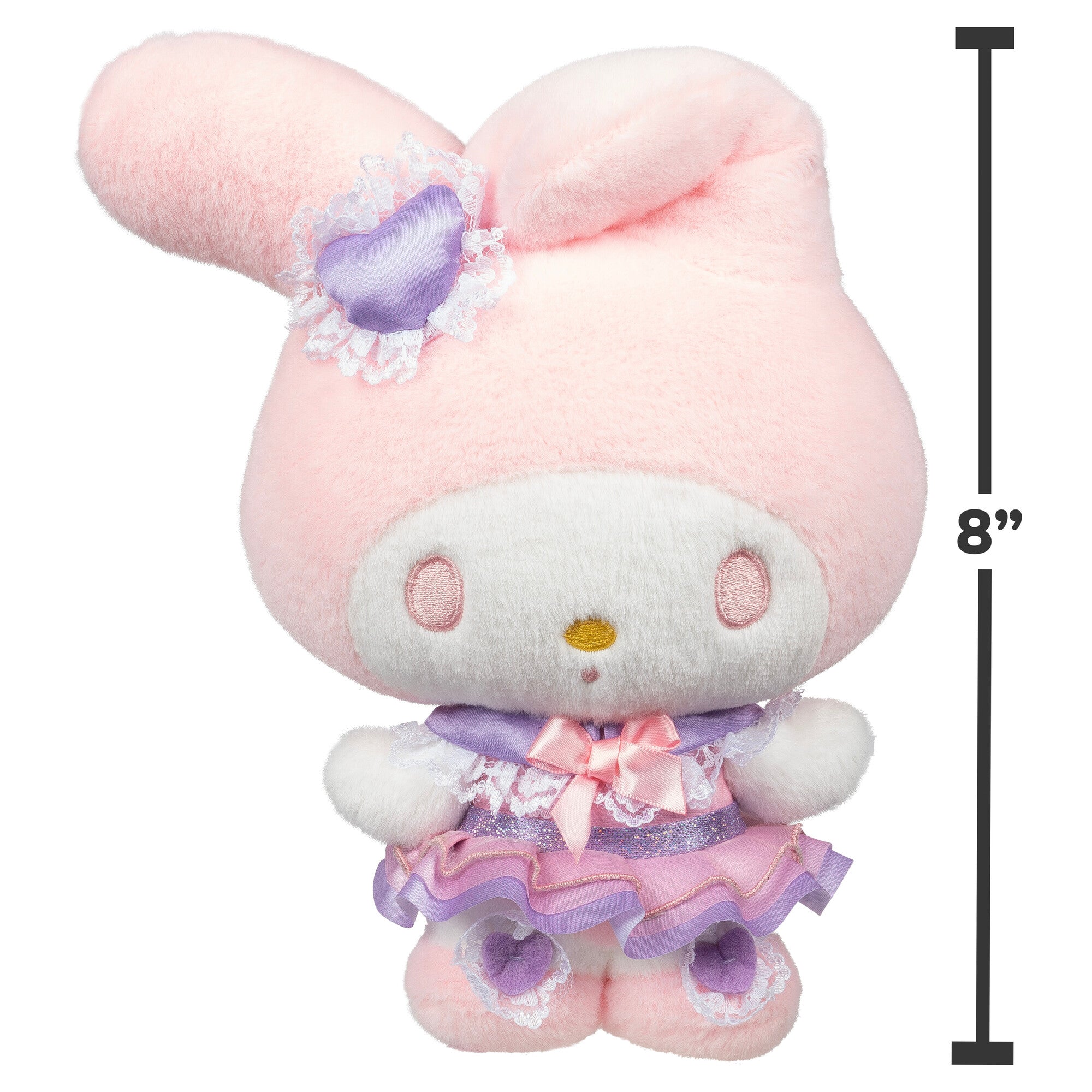 My Melody plush displayed with Hello Kitty and Kuromi plush toys.