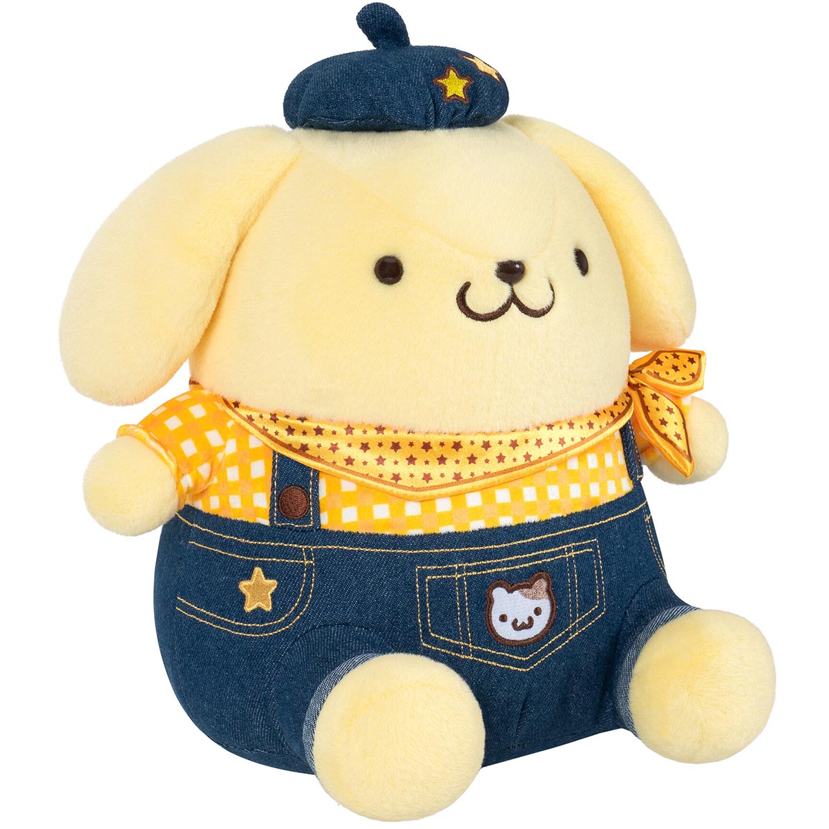 Western-themed Pompompurin plush posed with a miniature cowboy hat