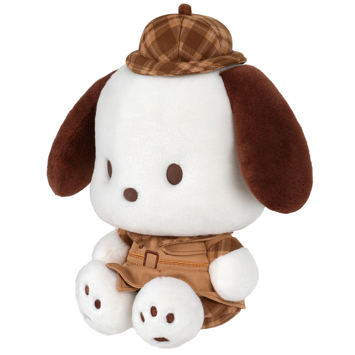 Front view of the Pochacco Sanrio plush featuring embroidered details and playful attire