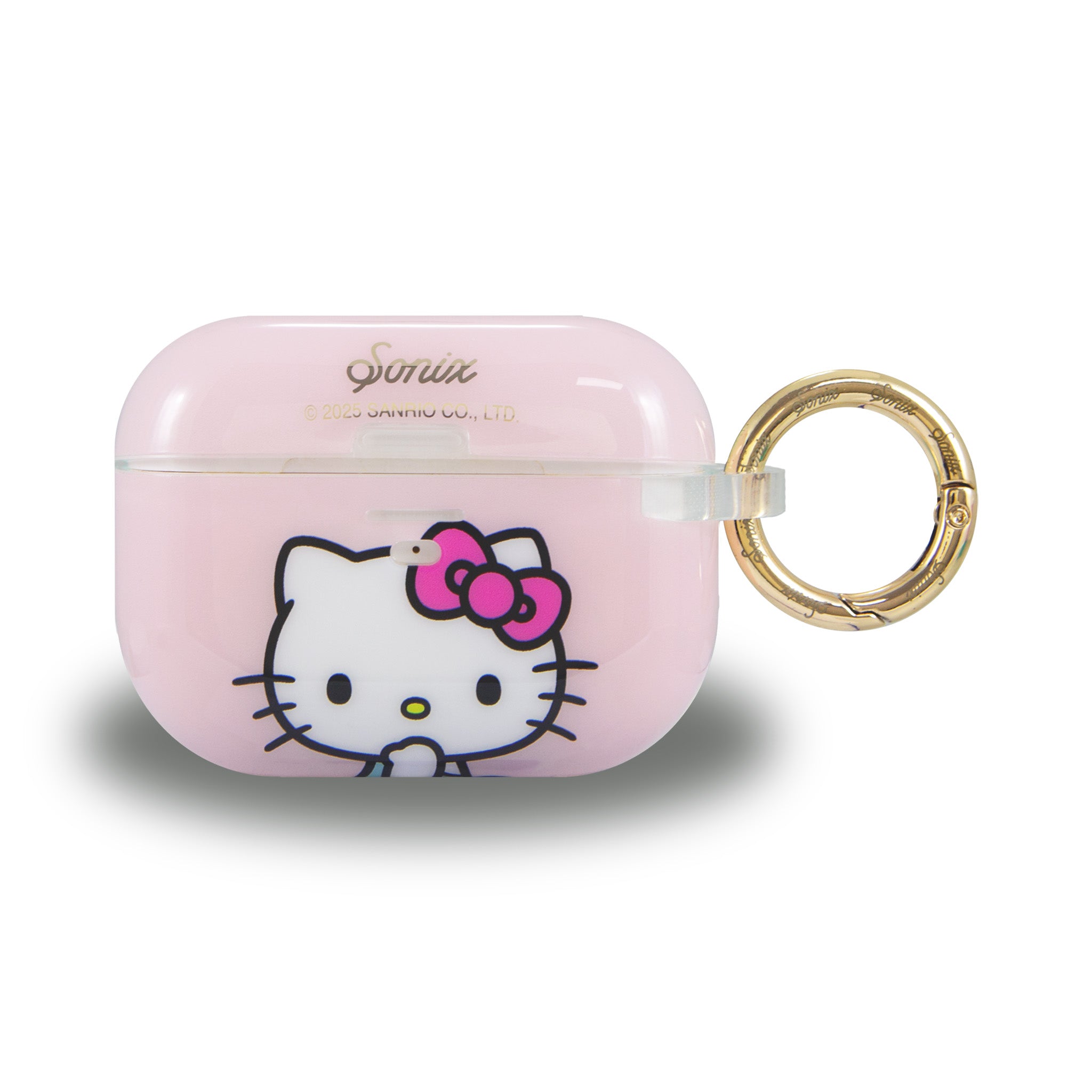 Hello Kitty AirPods Pro case attached to a bag with the gold carabiner