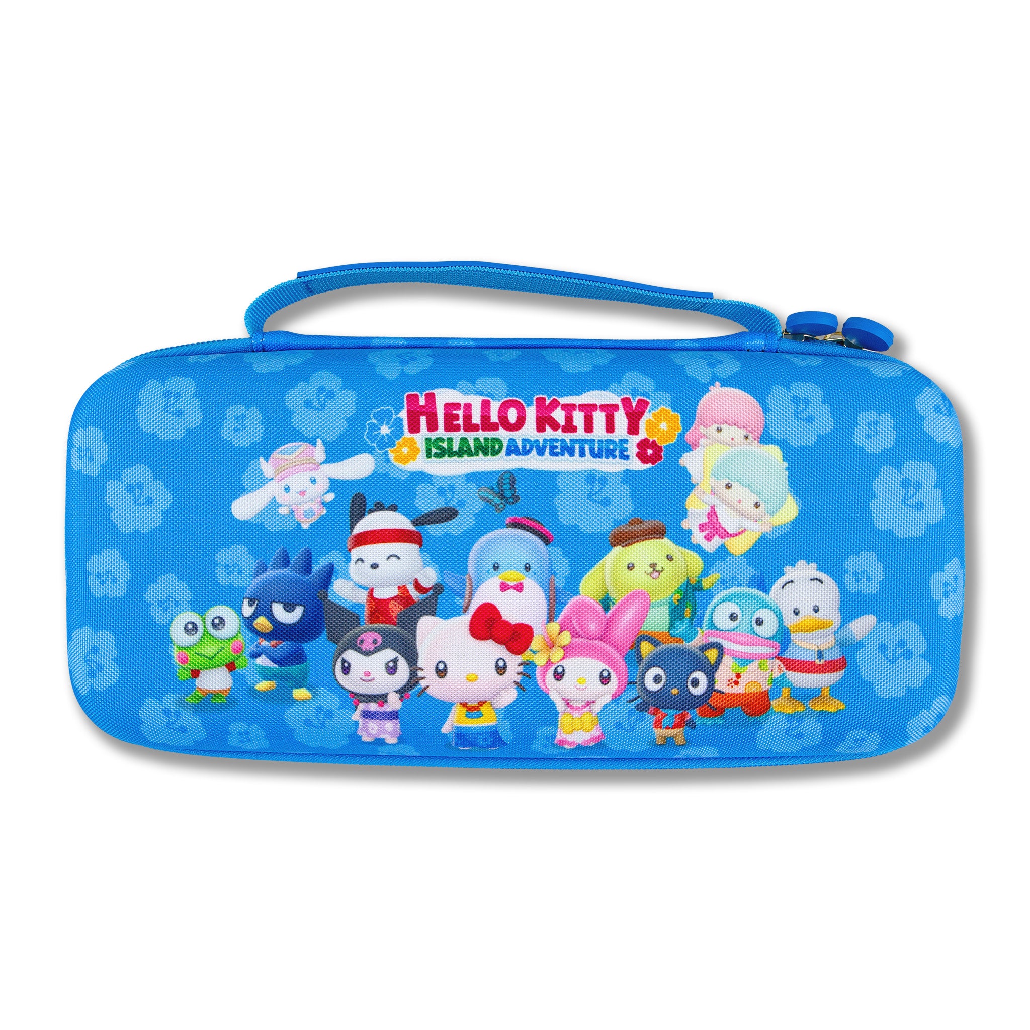 Angled shot of Hello Kitty travel case showing zip closure and rubberized handle
