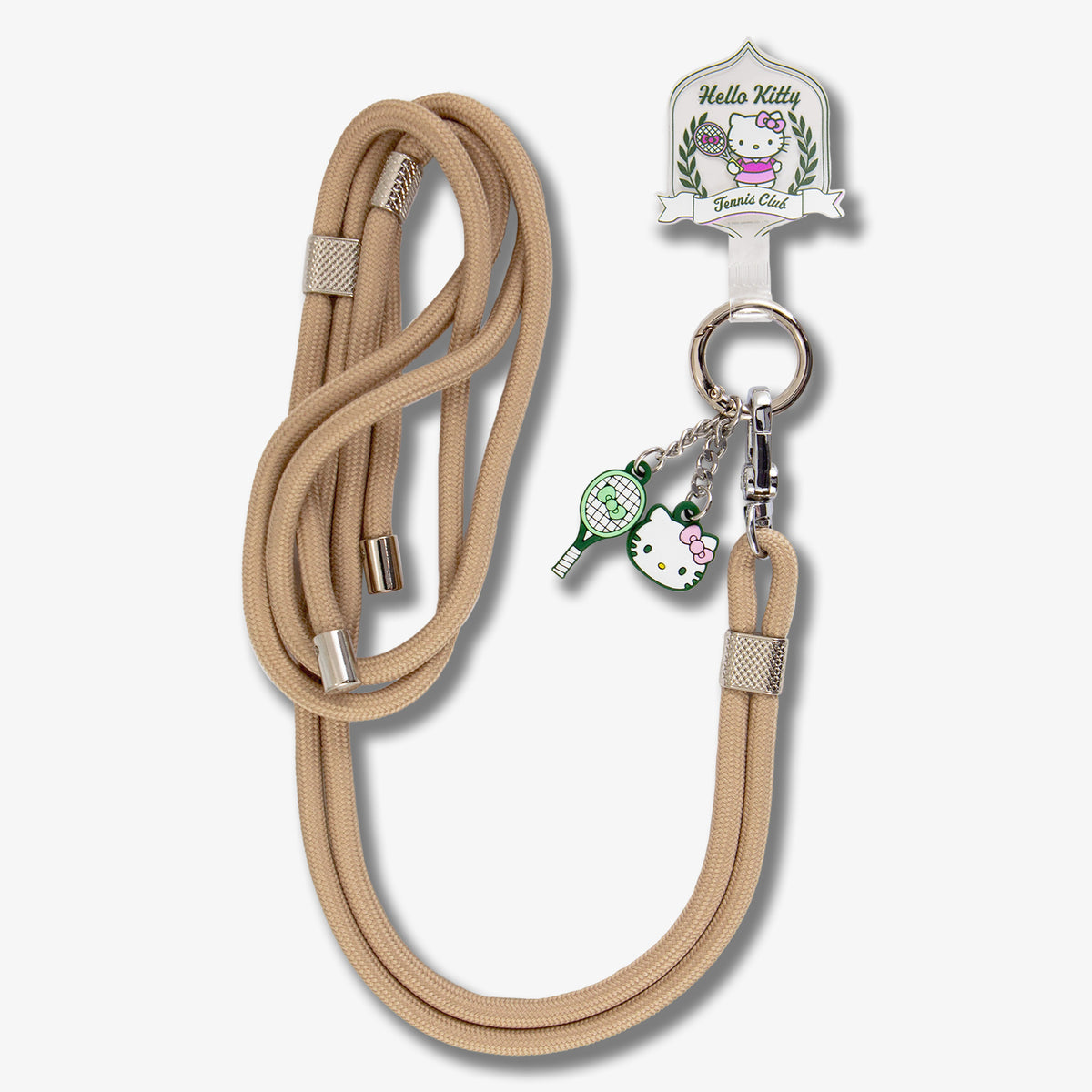 Phone wrist strap with tennis-themed Hello Kitty charm shown up close