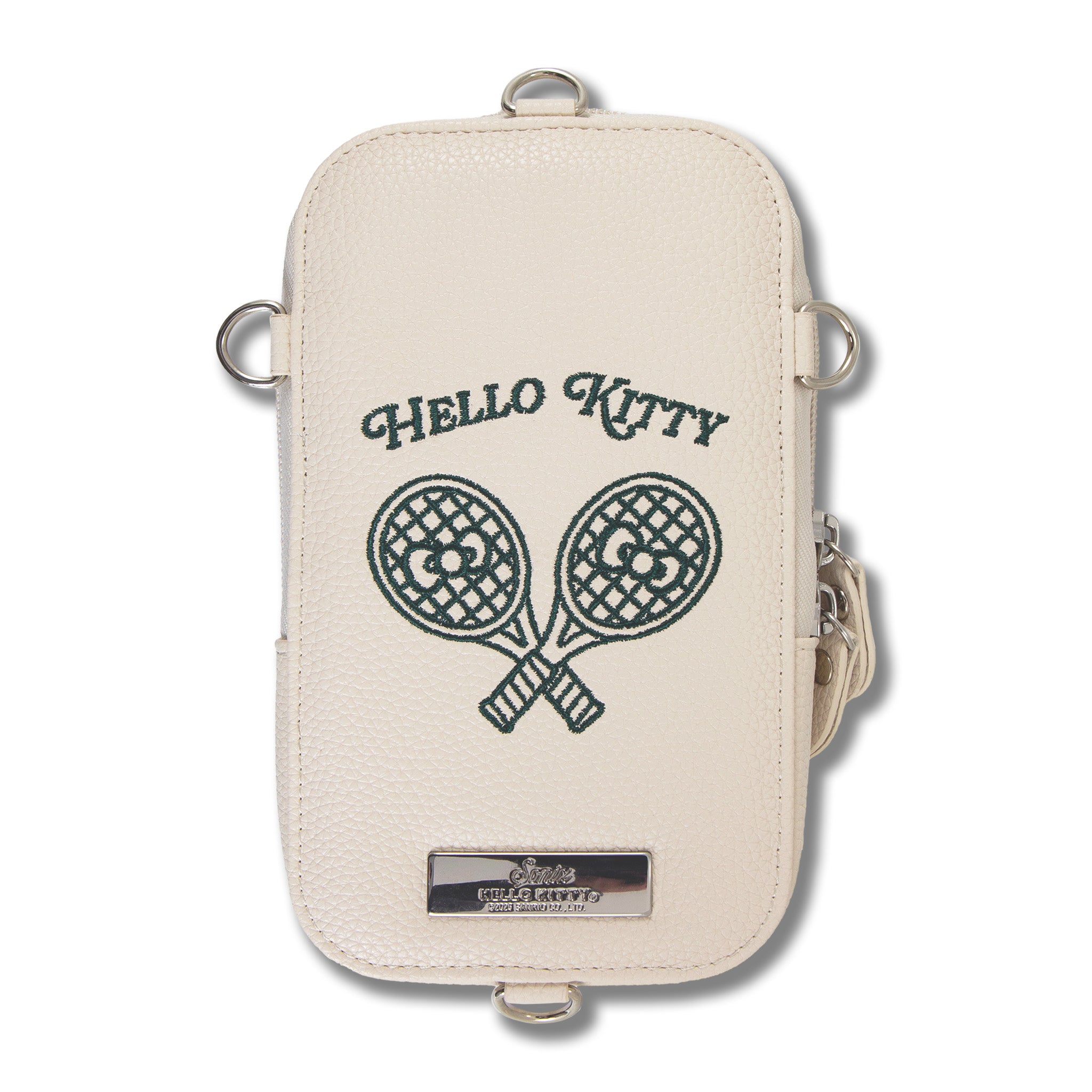 Front view of Hello Kitty crossbody phone bag with embroidered design