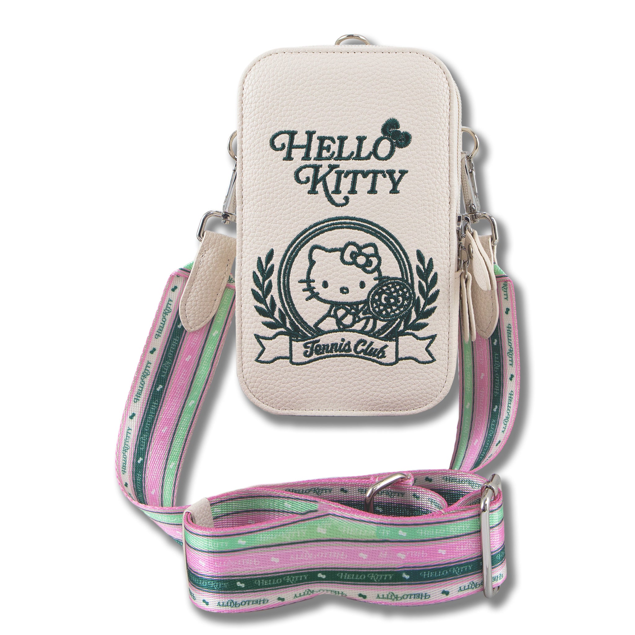 Front view of Hello Kitty x Sonix Tennis Club phone pouch with embroidered Hello Kitty design