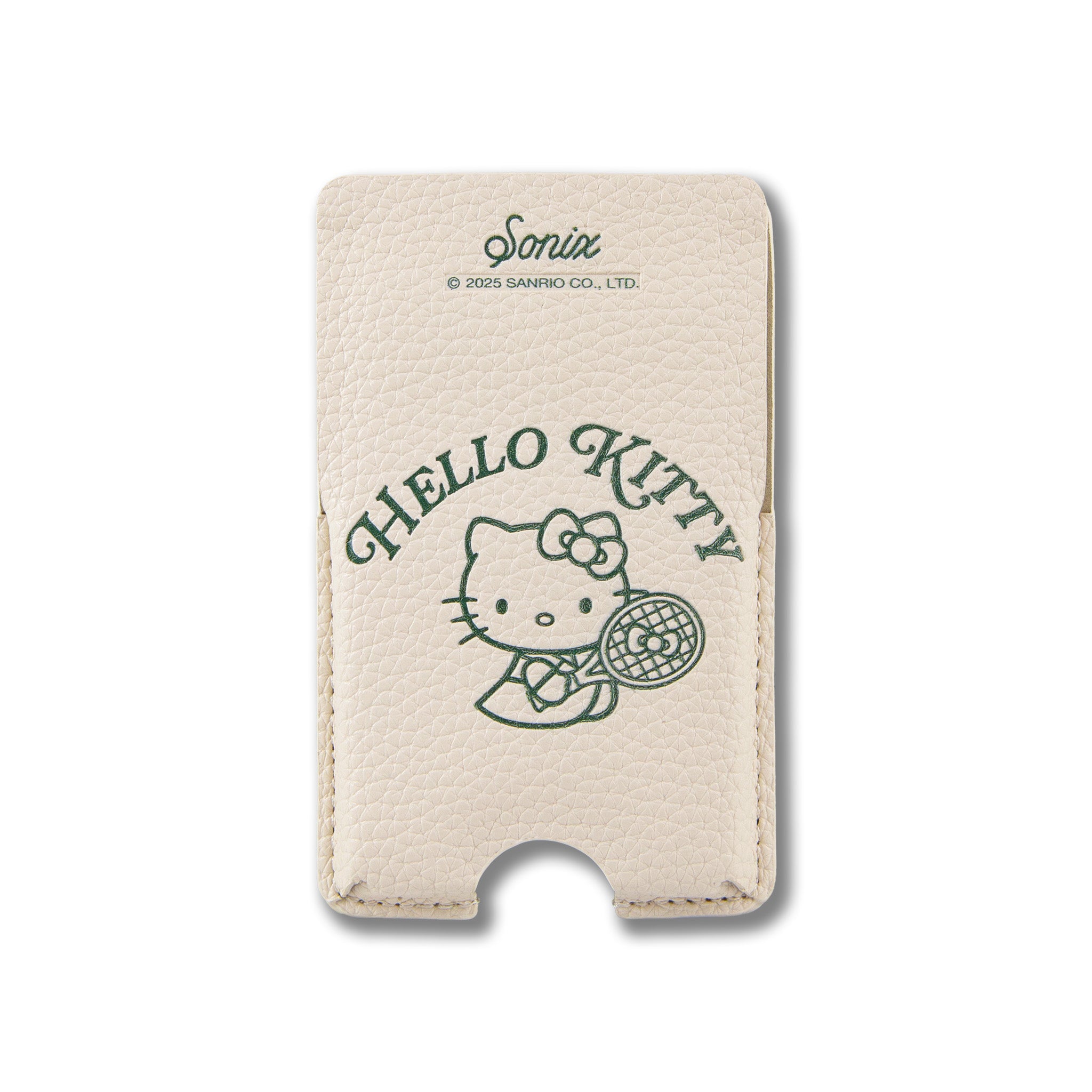 Hello Kitty magnetic wallet snapped onto iPhone showing card slots