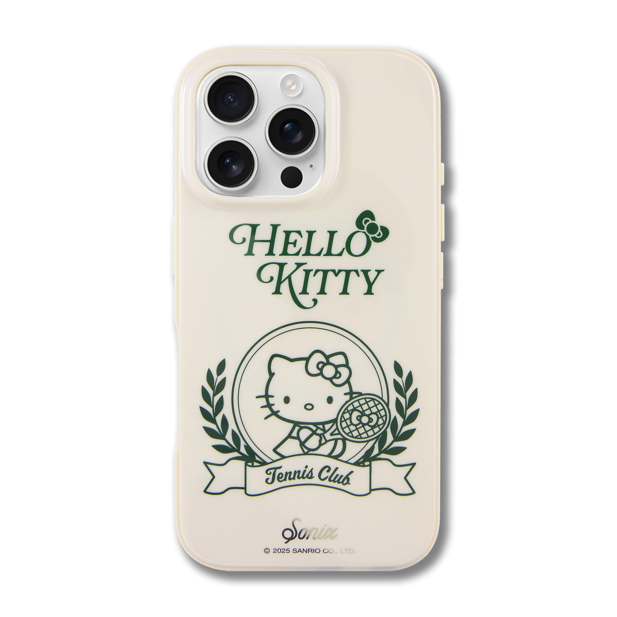 Hello Kitty Tennis Club iPhone 16 Pro case with glossy beige finish and tennis design