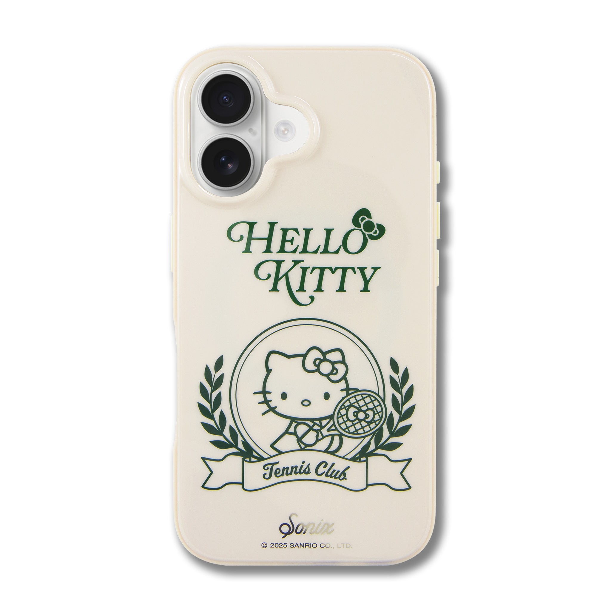 Front view of Hello Kitty iPhone 16 Pro case showing tennis racket design