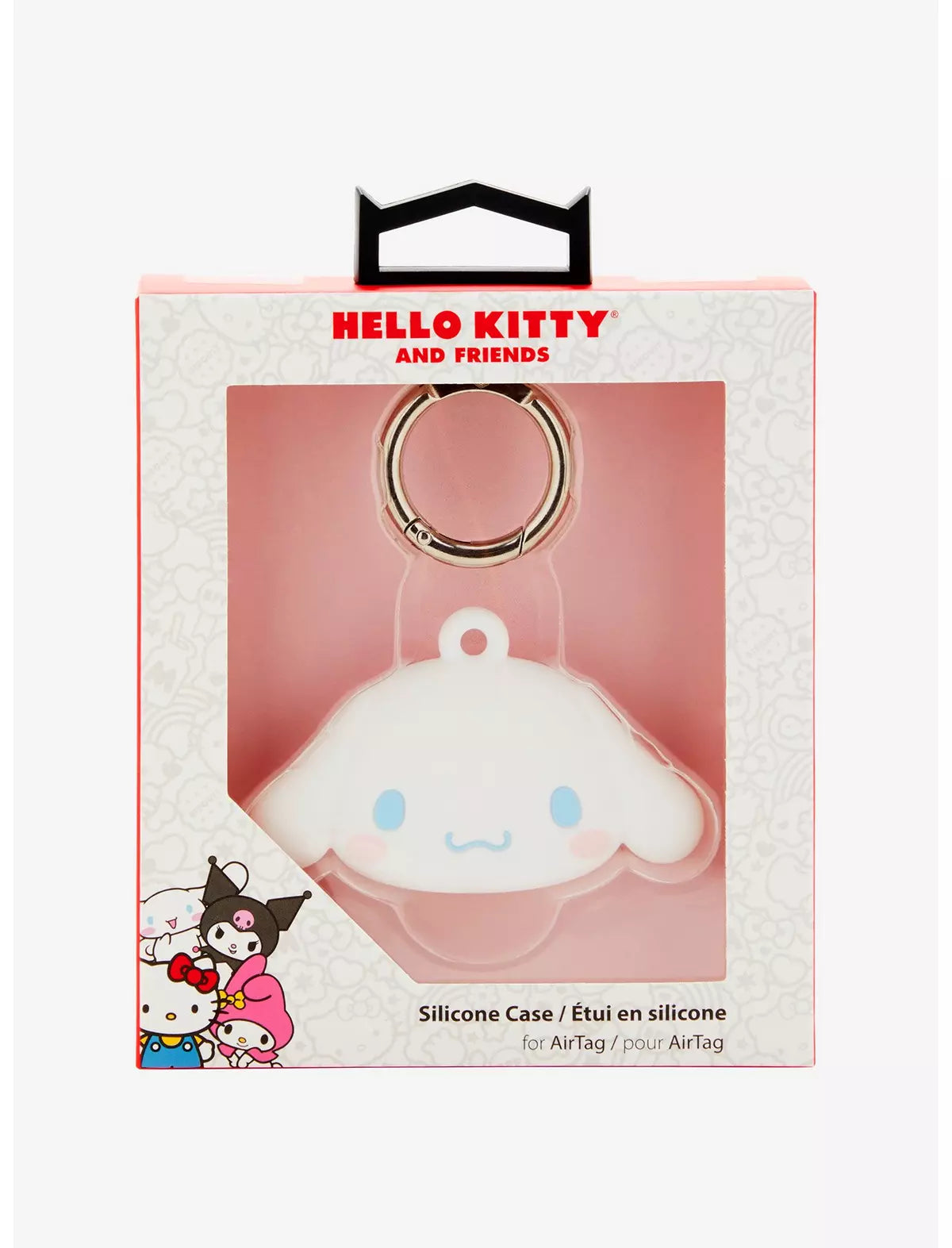 Colorful Cinnamoroll waterproof Airtag case hanging from a travel bag