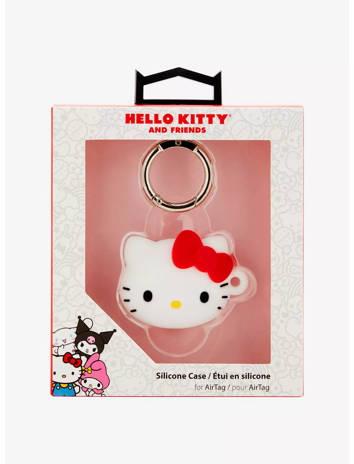 Cute Kuromi AirTag cover with keychain clip on a pet collar