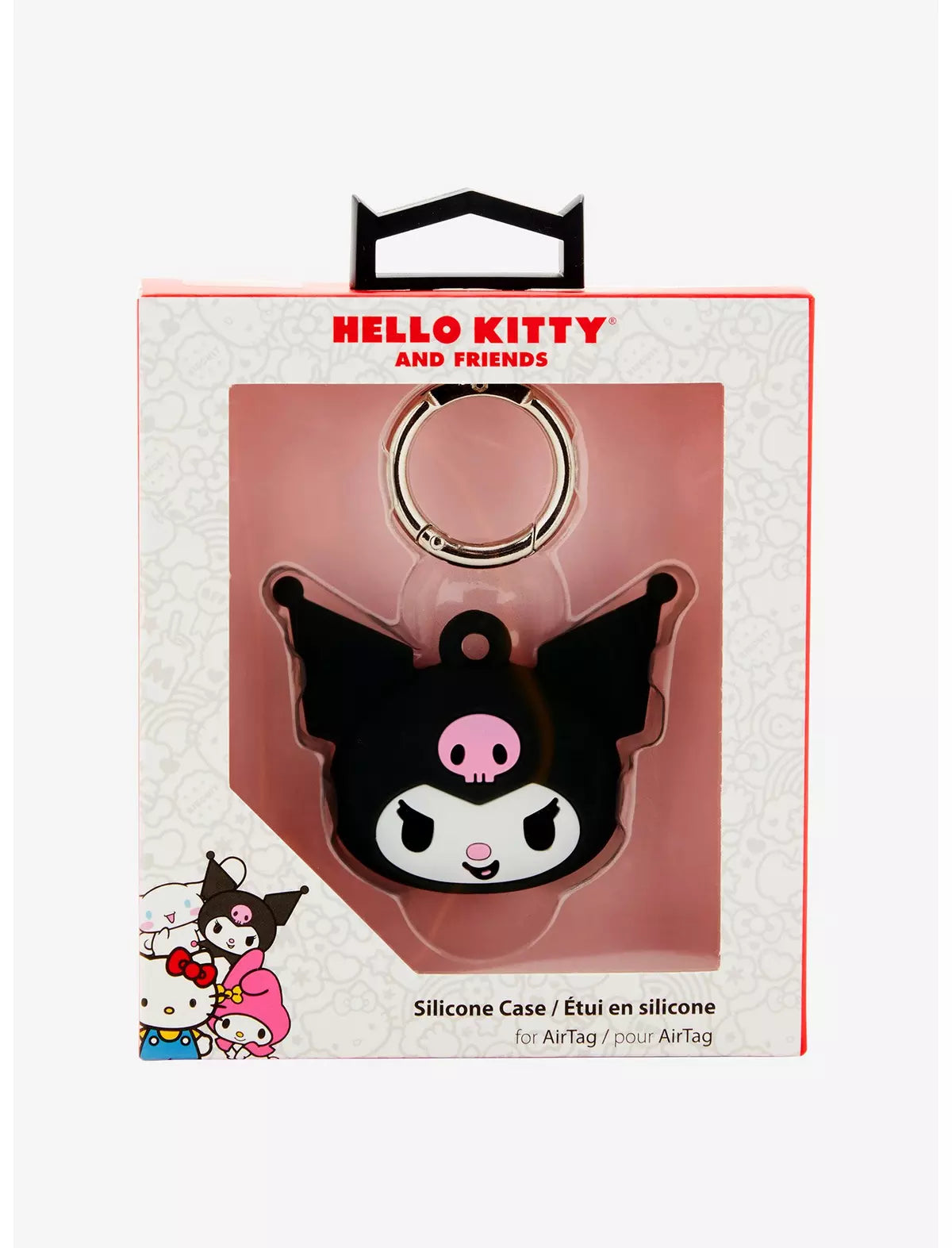 Colorful Cinnamoroll waterproof Airtag case hanging from a travel bag