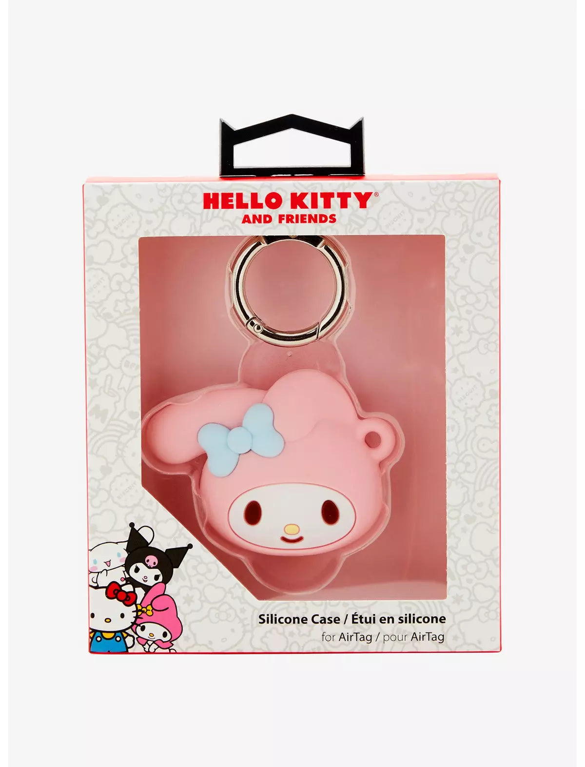 Cute Kuromi AirTag cover with keychain clip on a pet collar