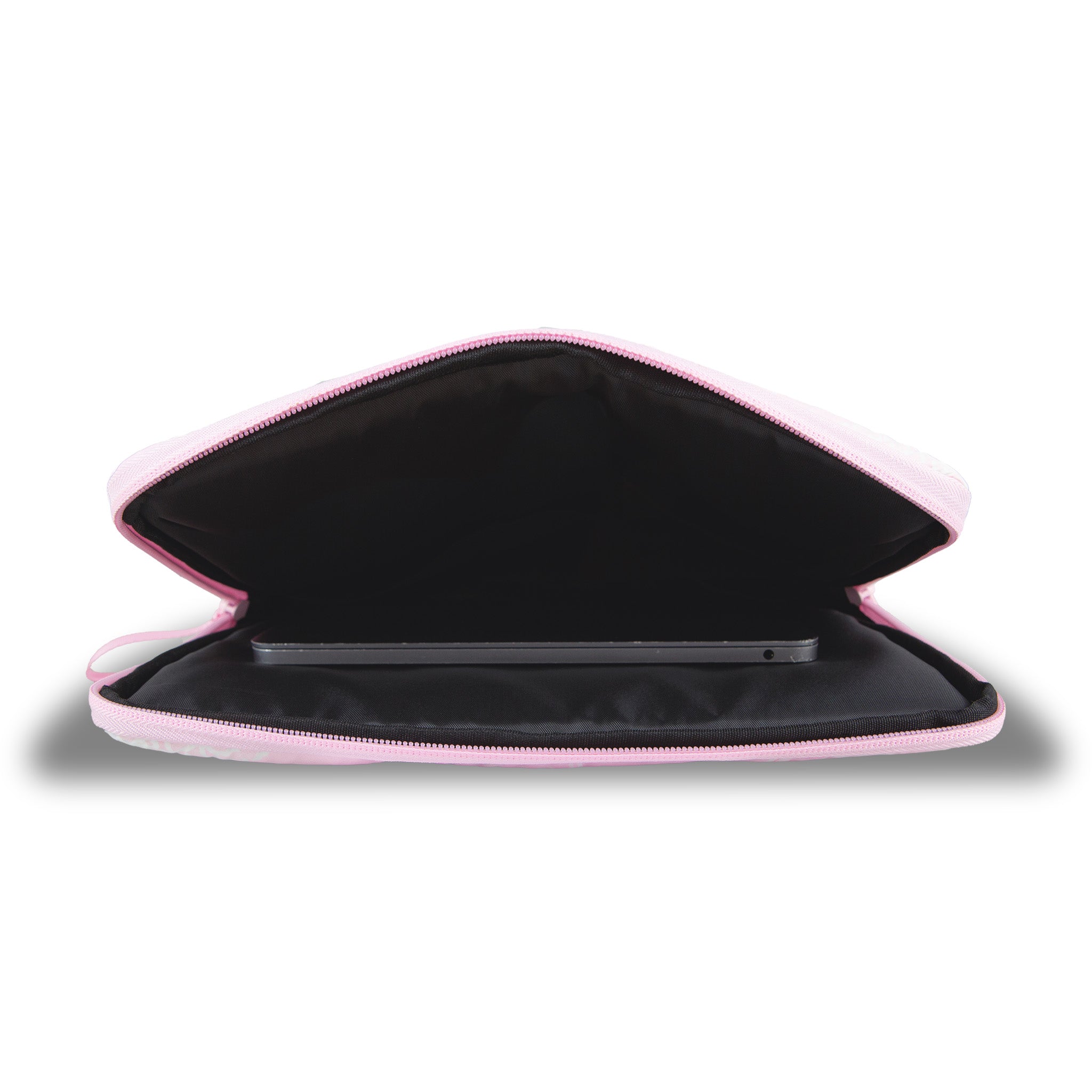 Side angle of the Hello Kitty laptop sleeve highlighting its quilted texture.