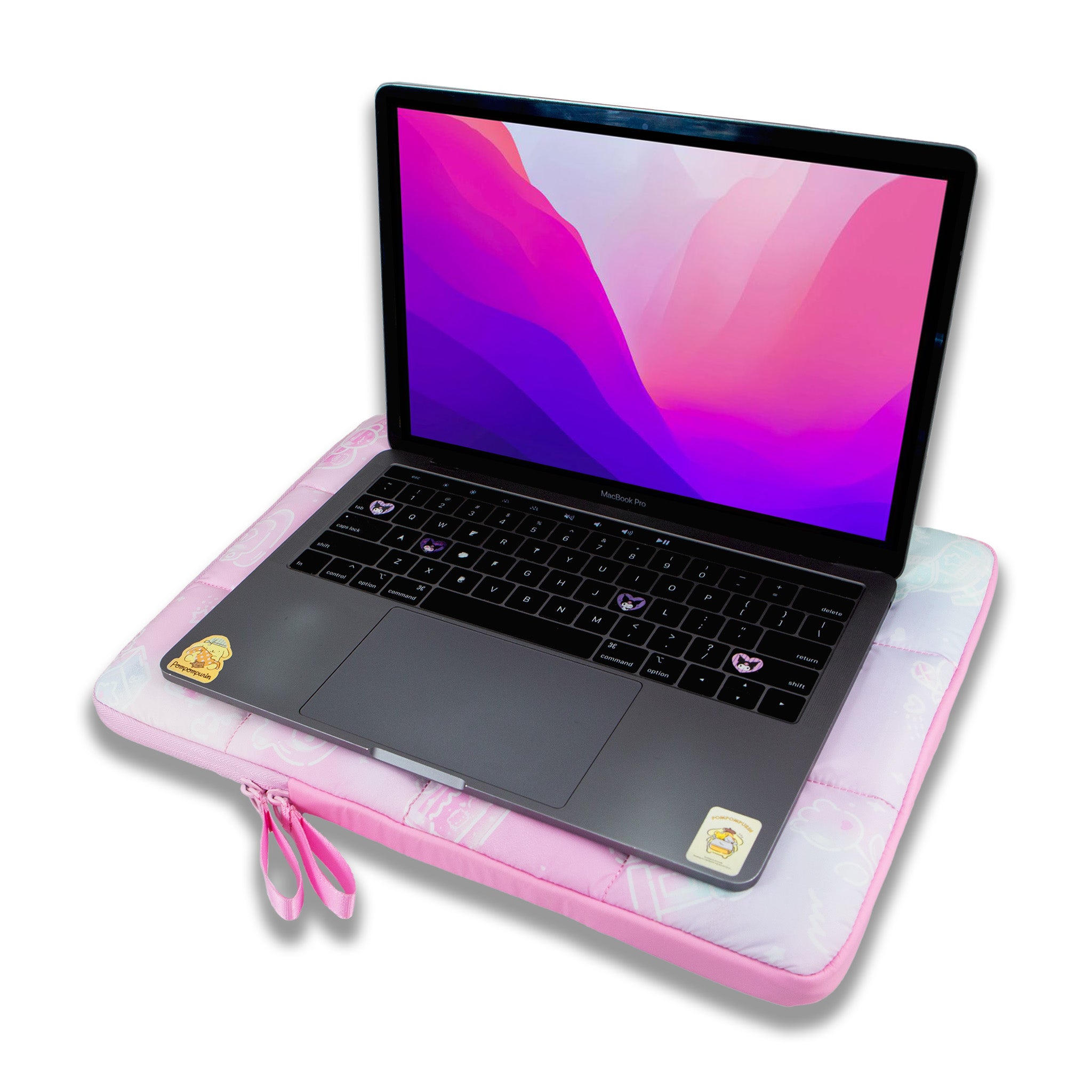 Side angle of the Hello Kitty laptop sleeve highlighting its quilted texture.