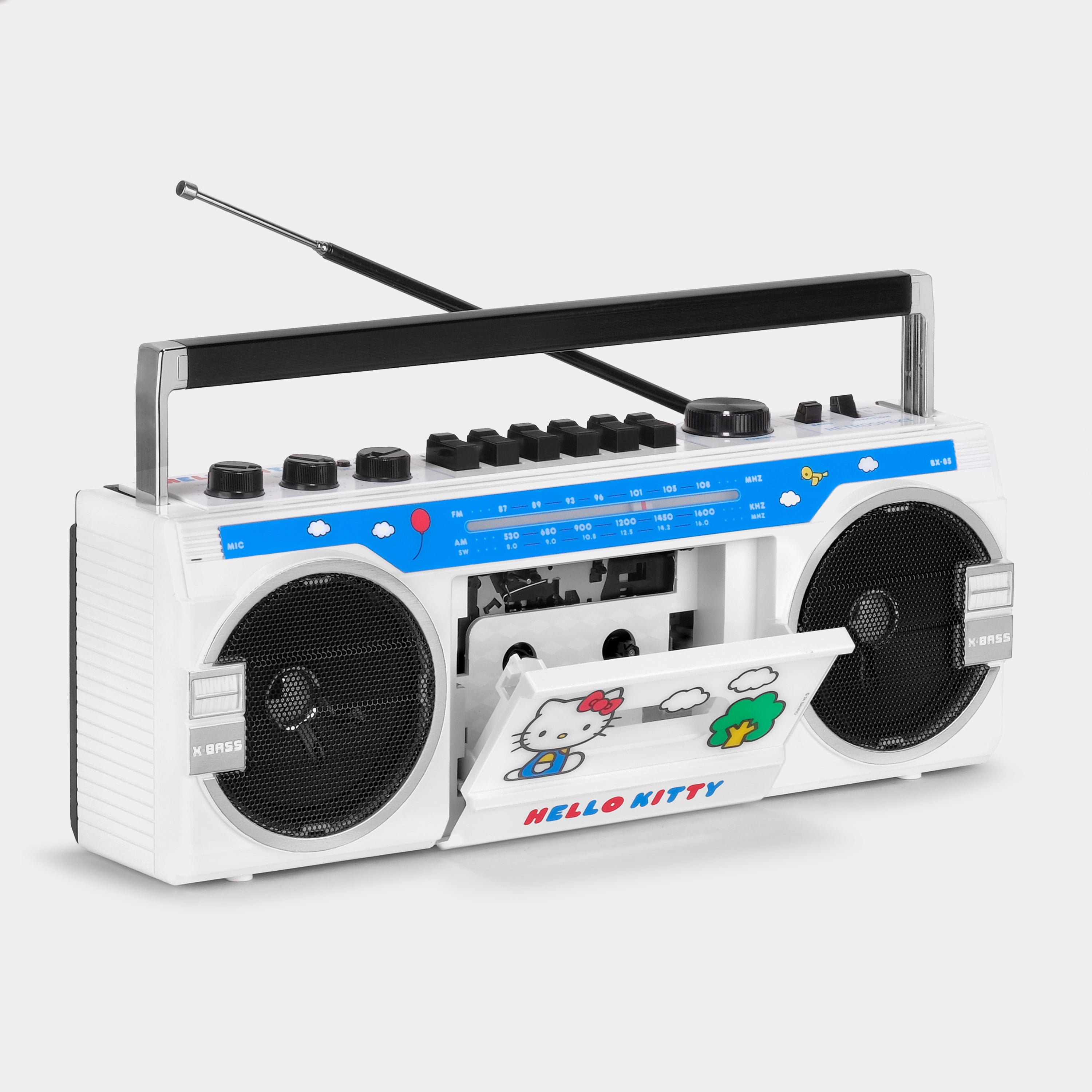 Close-up of Hello Kitty artwork and X-bass speaker grilles