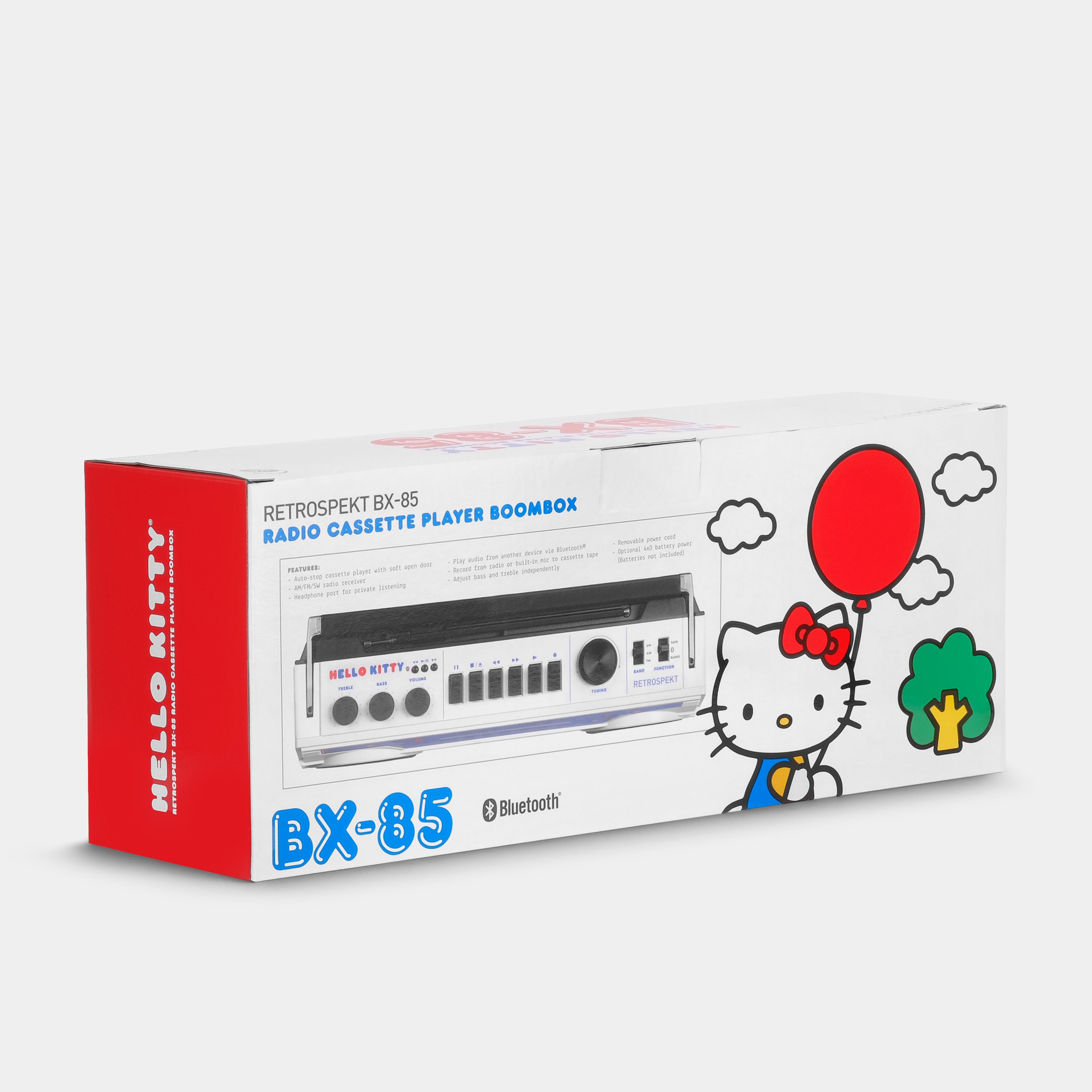 Front view of Hello Kitty boombox showing cassette deck and speakers