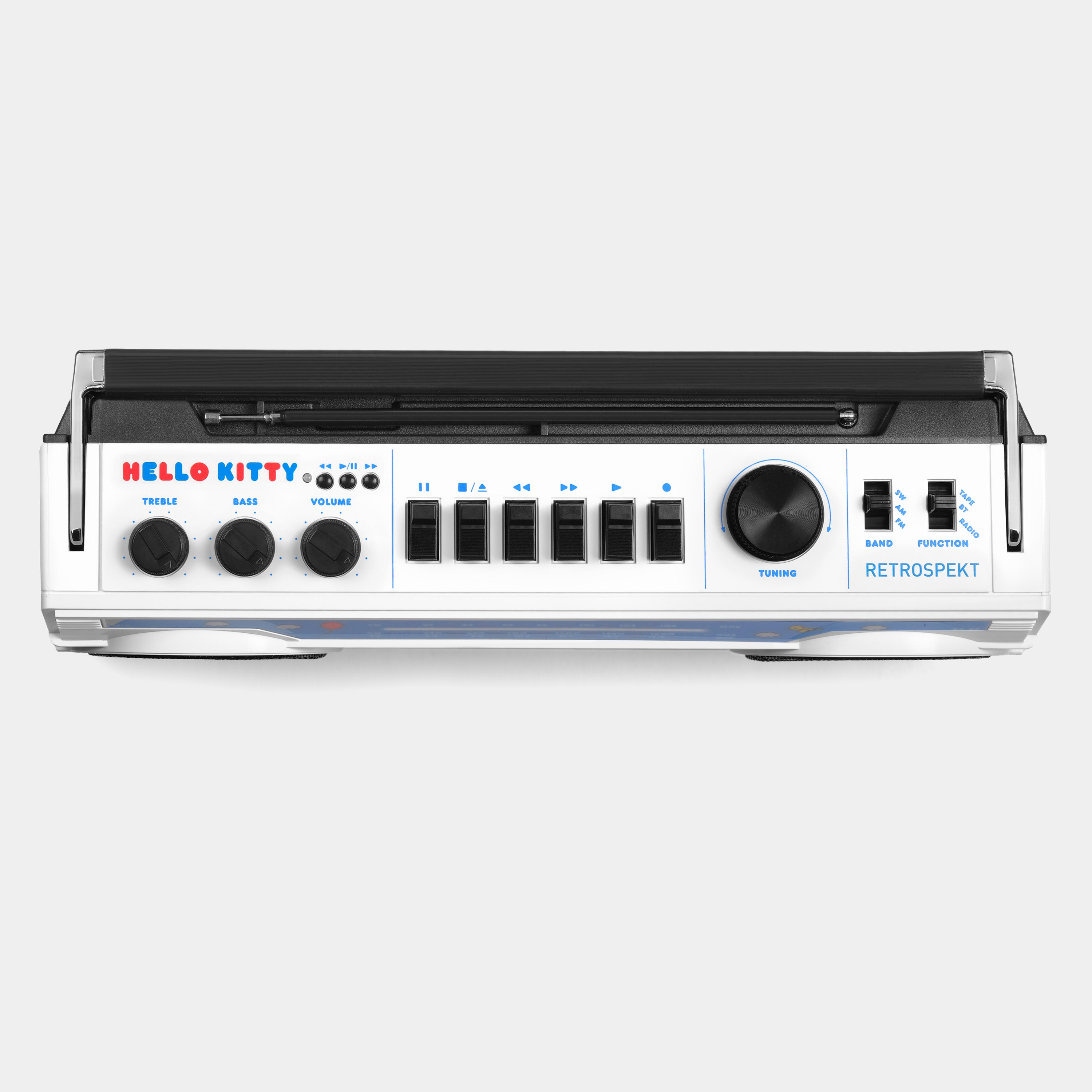 Side angle of retro portable radio with Bluetooth controls visible