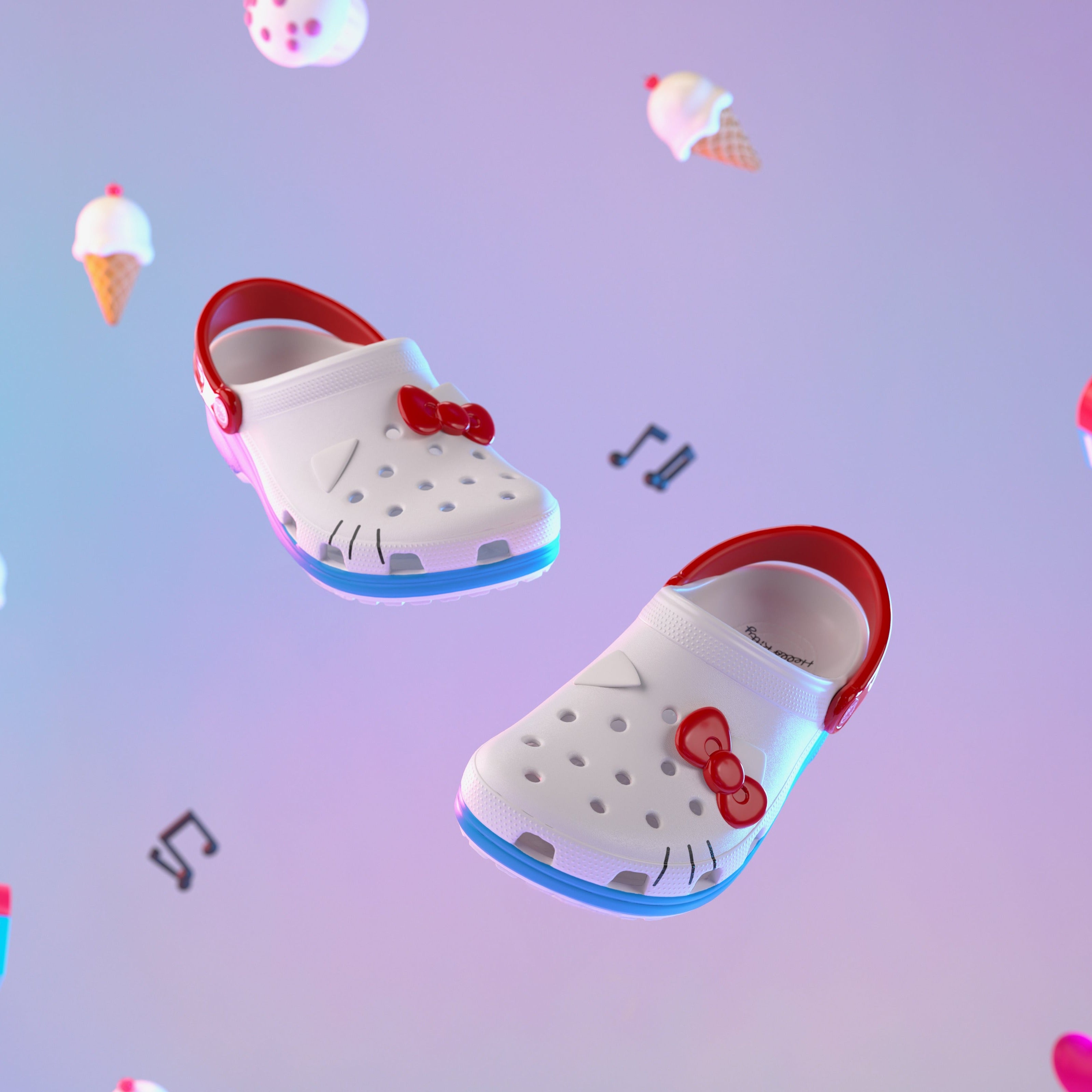 Close-up of Hello Kitty ears and whisker details on clogs