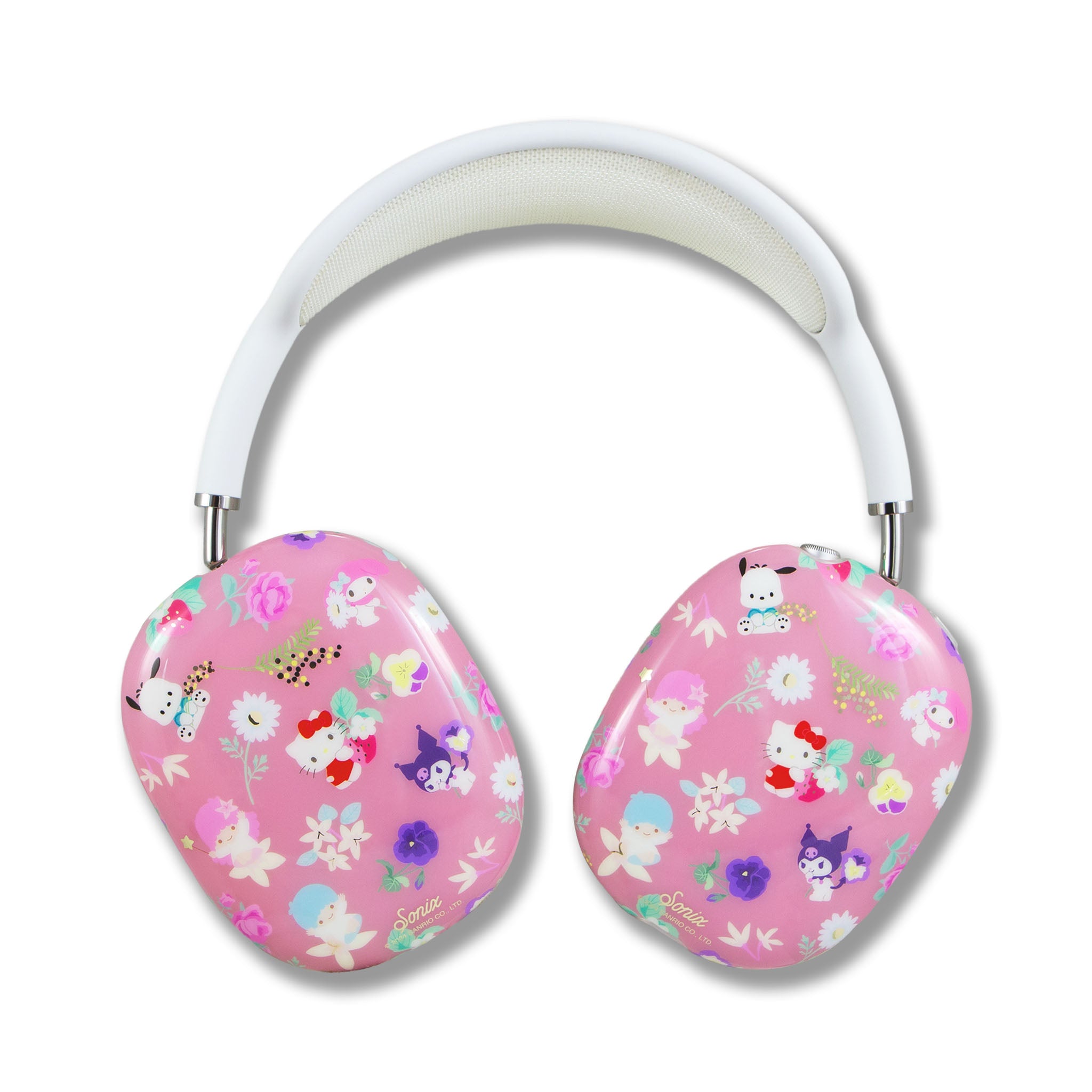 Hello Kitty floral AirPods Max cover shown on headphones