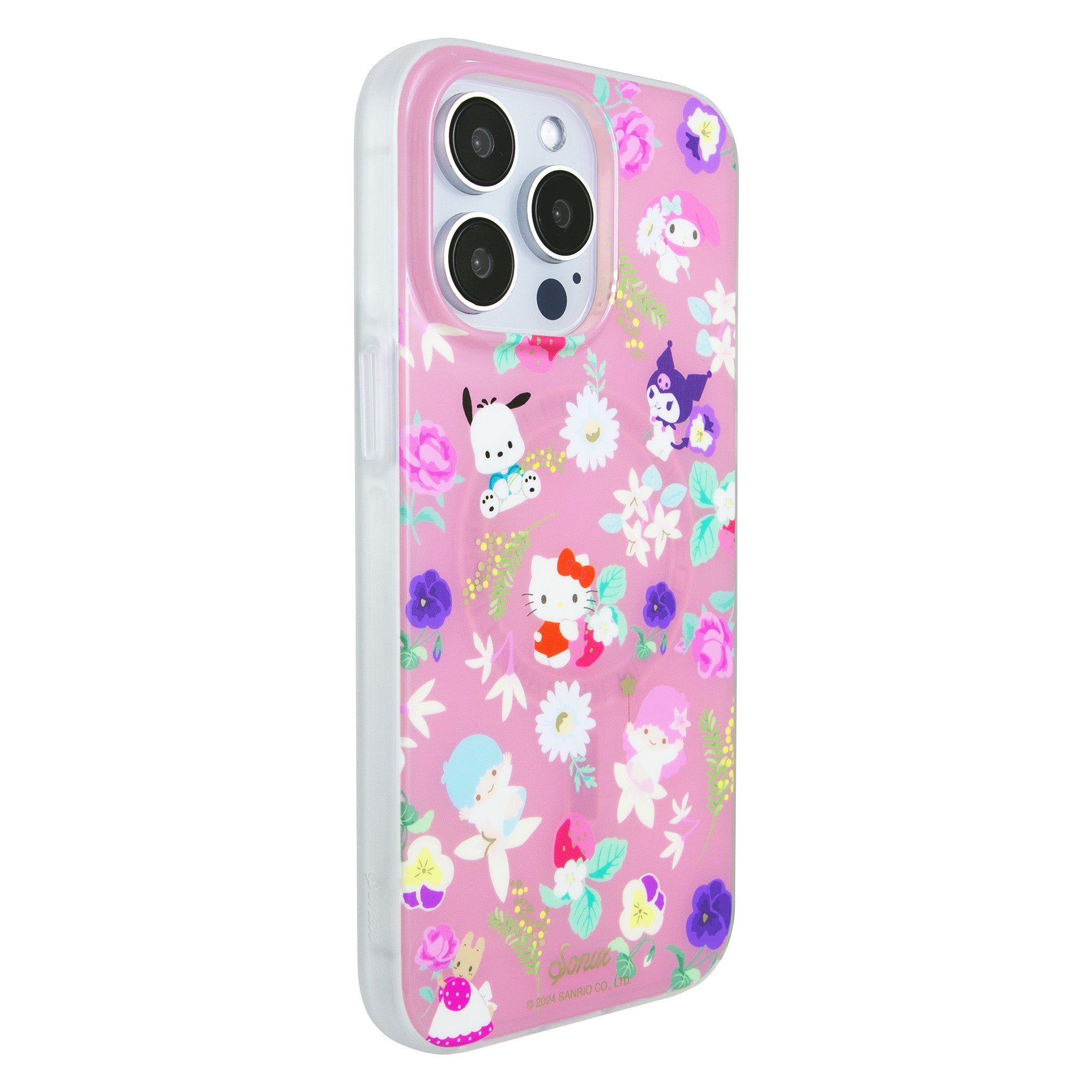 Front view of Hello Kitty iPhone case with floral pattern