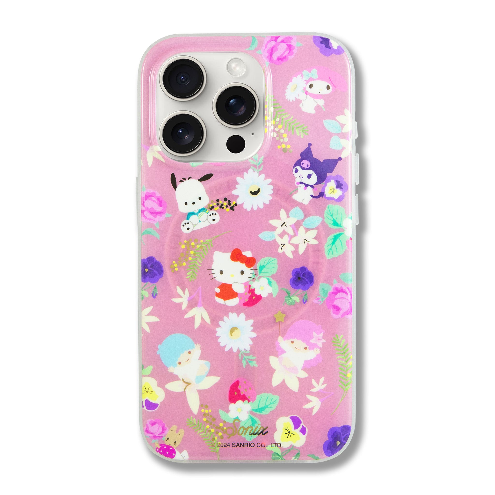 Front view of Hello Kitty iPhone case with floral pattern