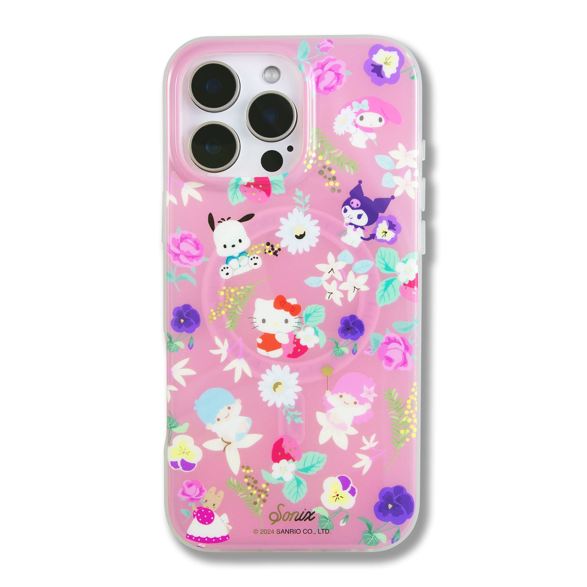 Front view of Hello Kitty iPhone case with floral pattern