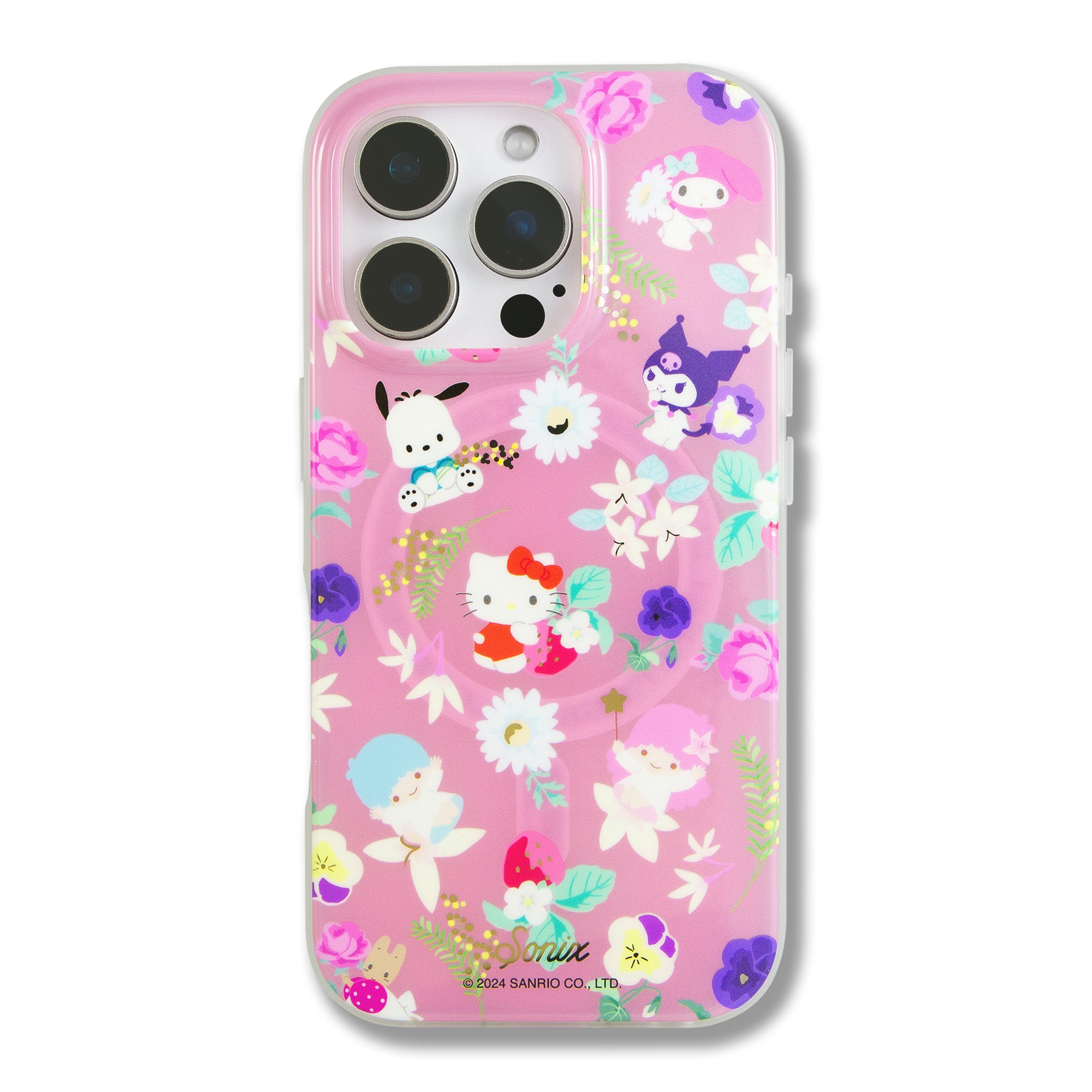 Close-up of Hello Kitty and friends design on iPhone case