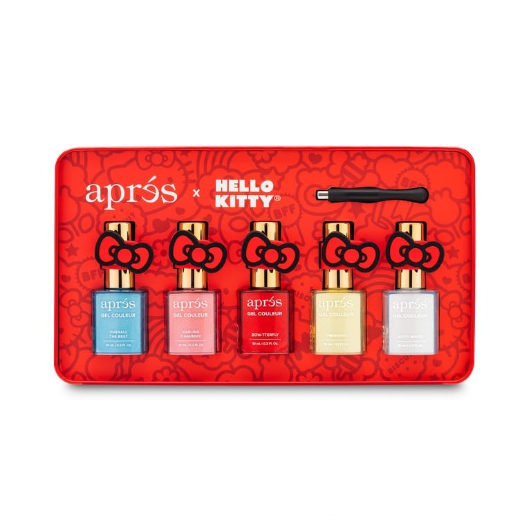 Hello Kitty gel nail kit with five colorful bottles and accessories