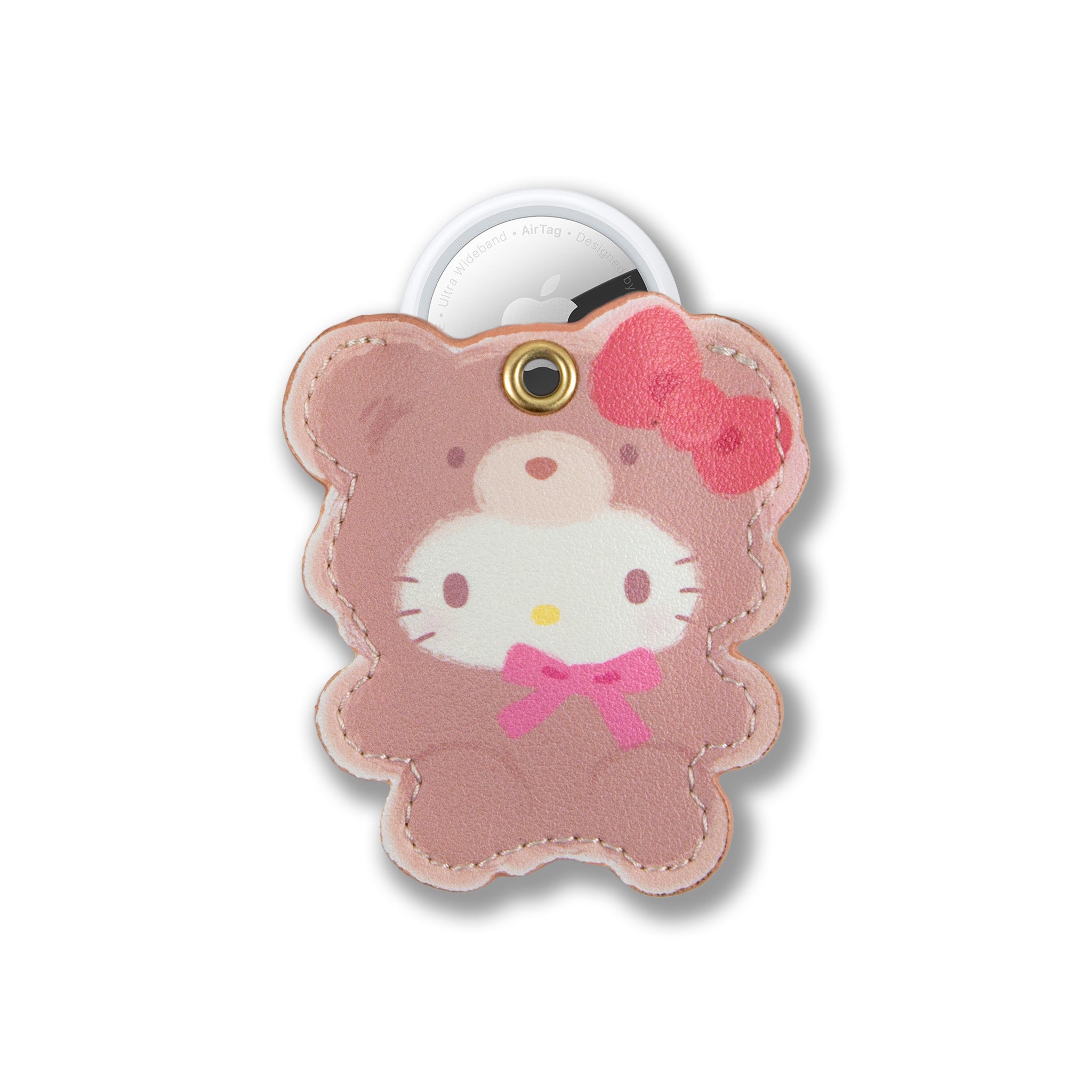 Front view of the Hello Kitty leather AirTag keychain showcasing its cute design.