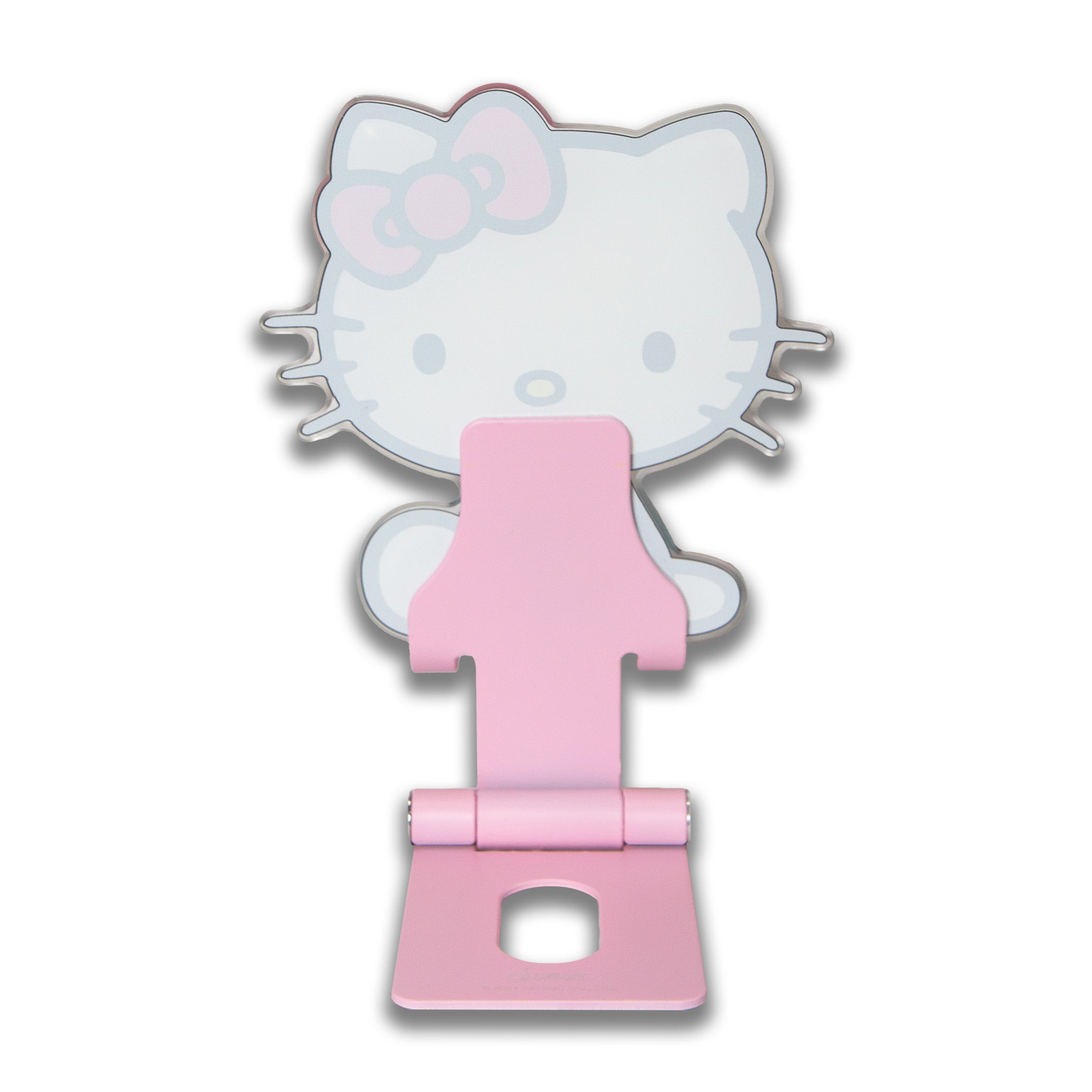 Close-up of Hello Kitty phone stand on a desk, showcasing its design and functionality.