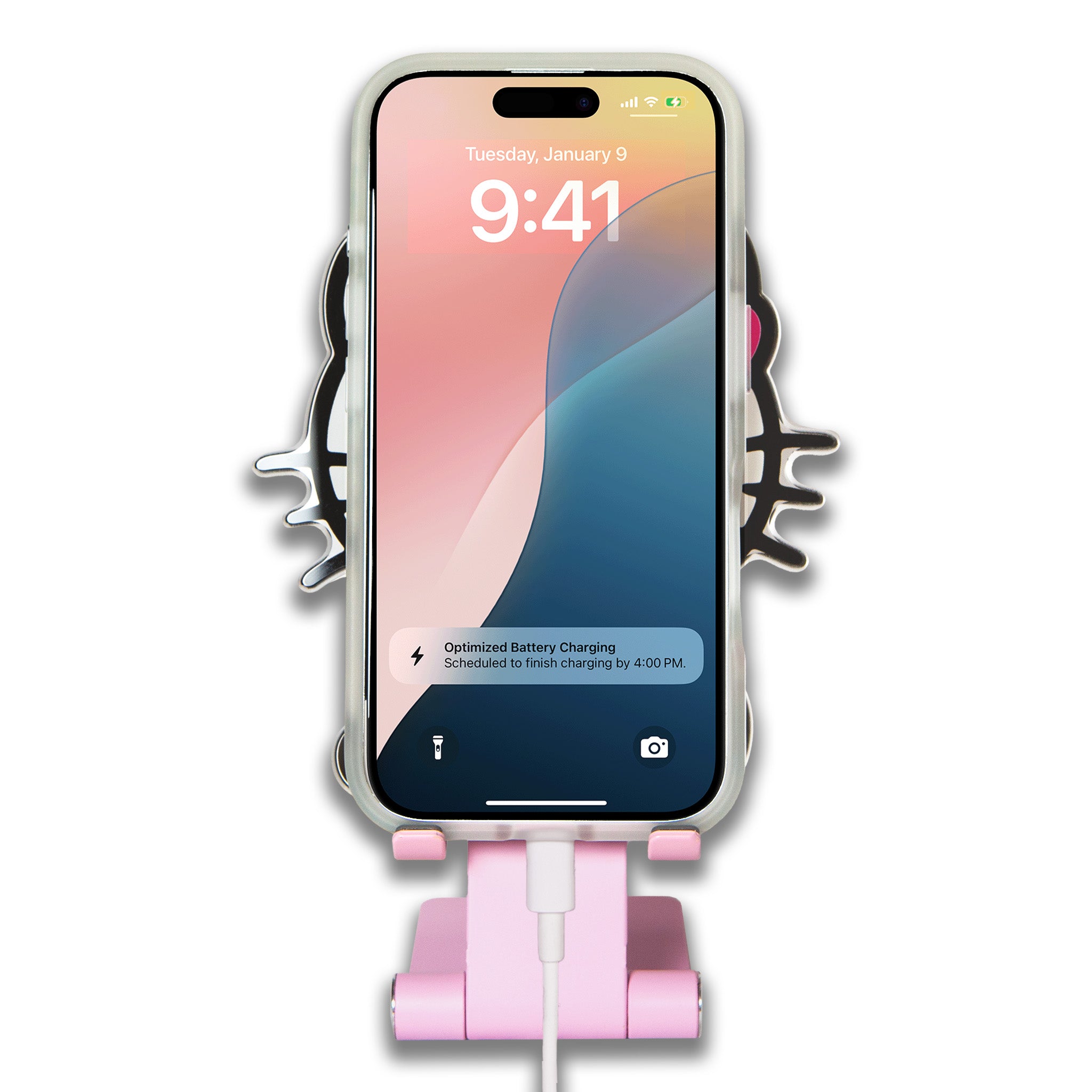 Hello Kitty adjustable phone holder in use, supporting a smartphone during a video call.