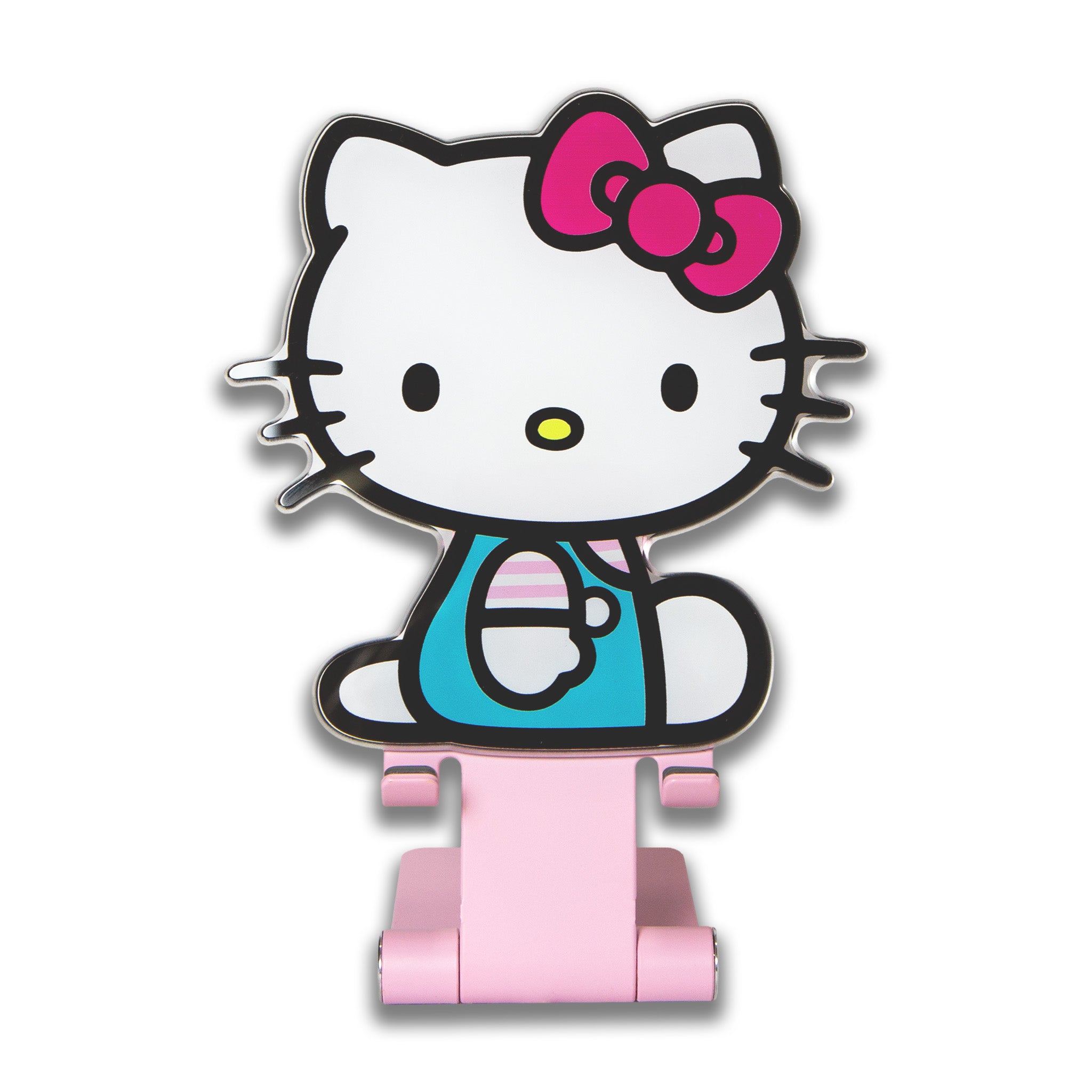 Front view of Hello Kitty phone stand adjustable for desk, placed on a white workspace