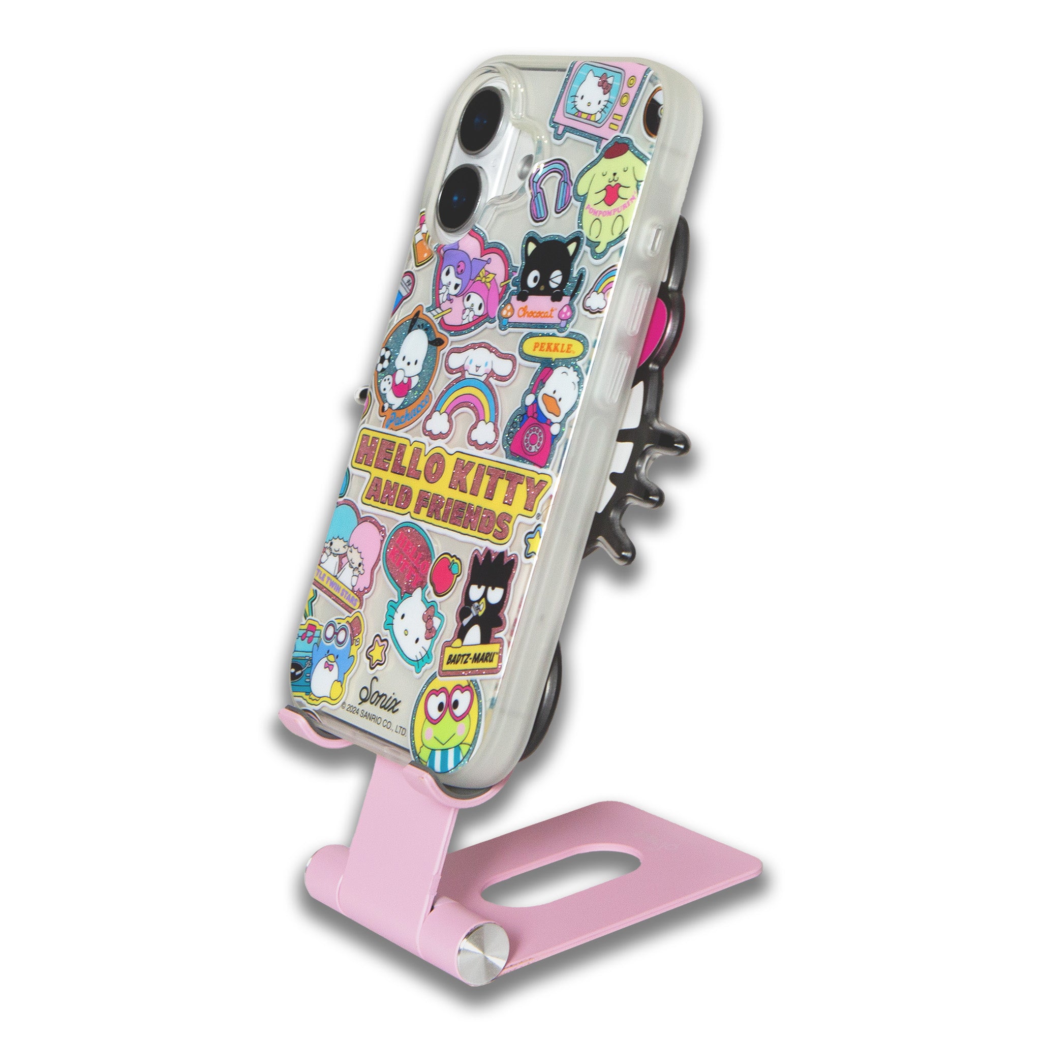 Hello Kitty adjustable phone holder in use, supporting a smartphone during a video call.
