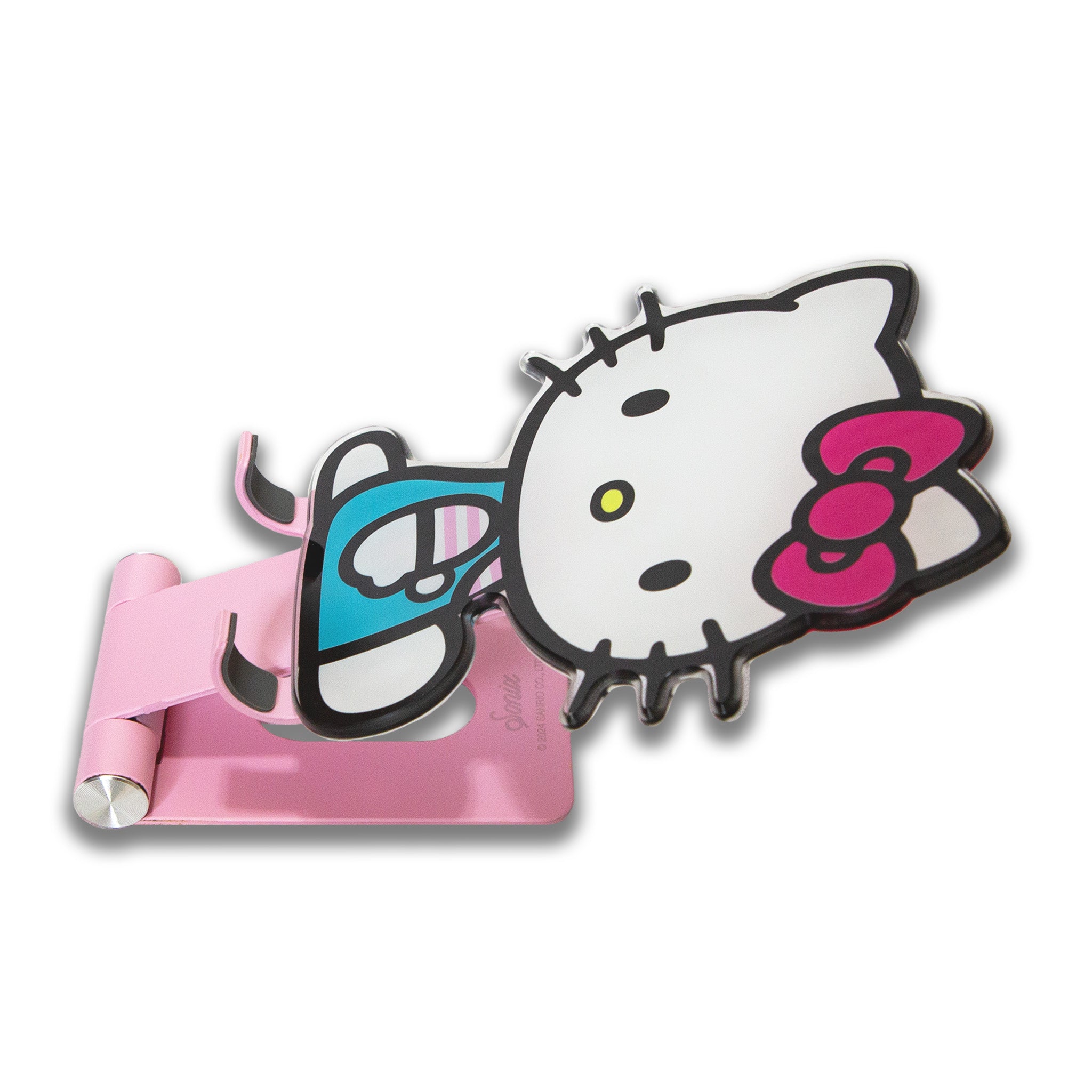 Hello Kitty adjustable phone holder in use, supporting a smartphone during a video call.
