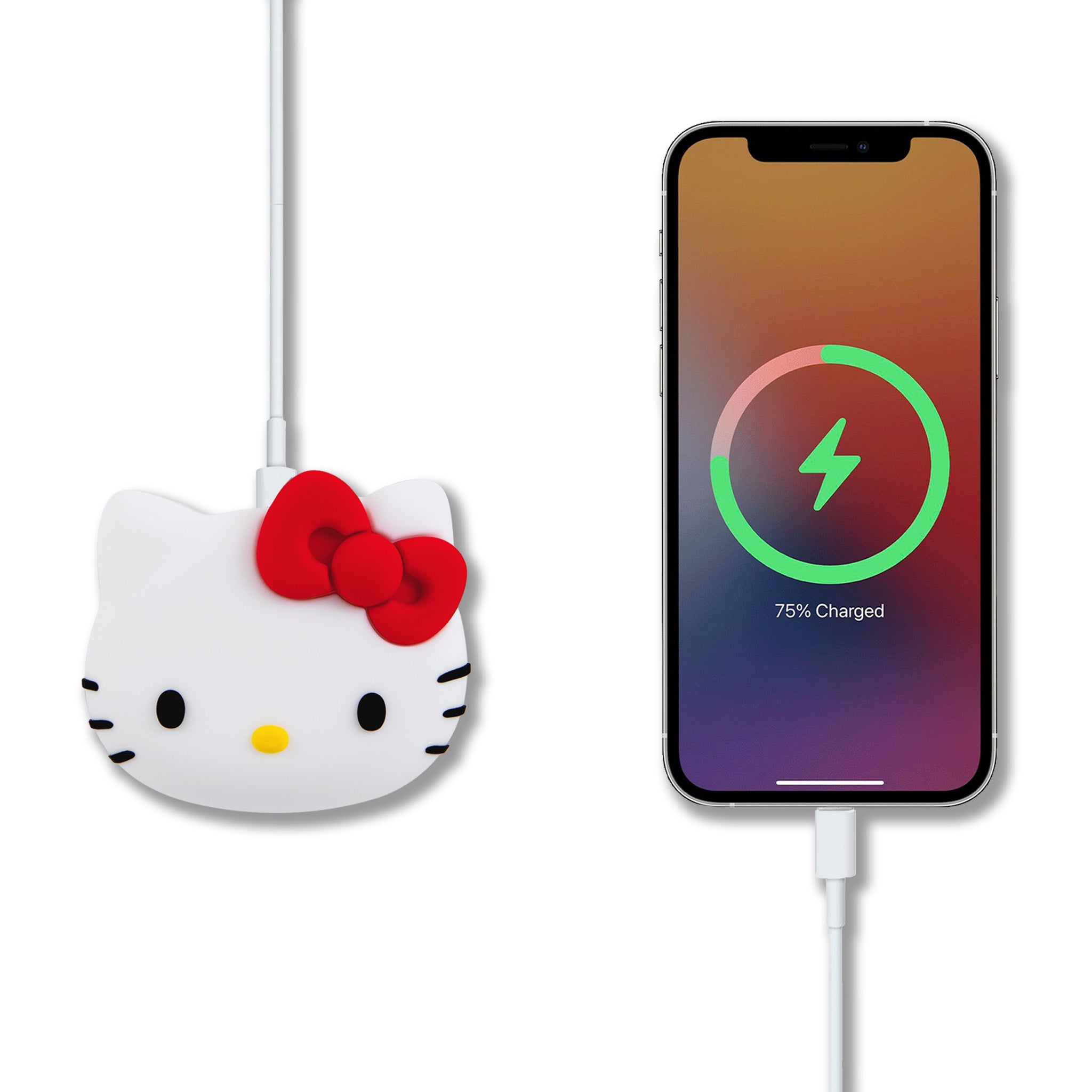 Hello Kitty USB wall adapter plugged into an outlet, showcasing the 3D silicone face cover.
