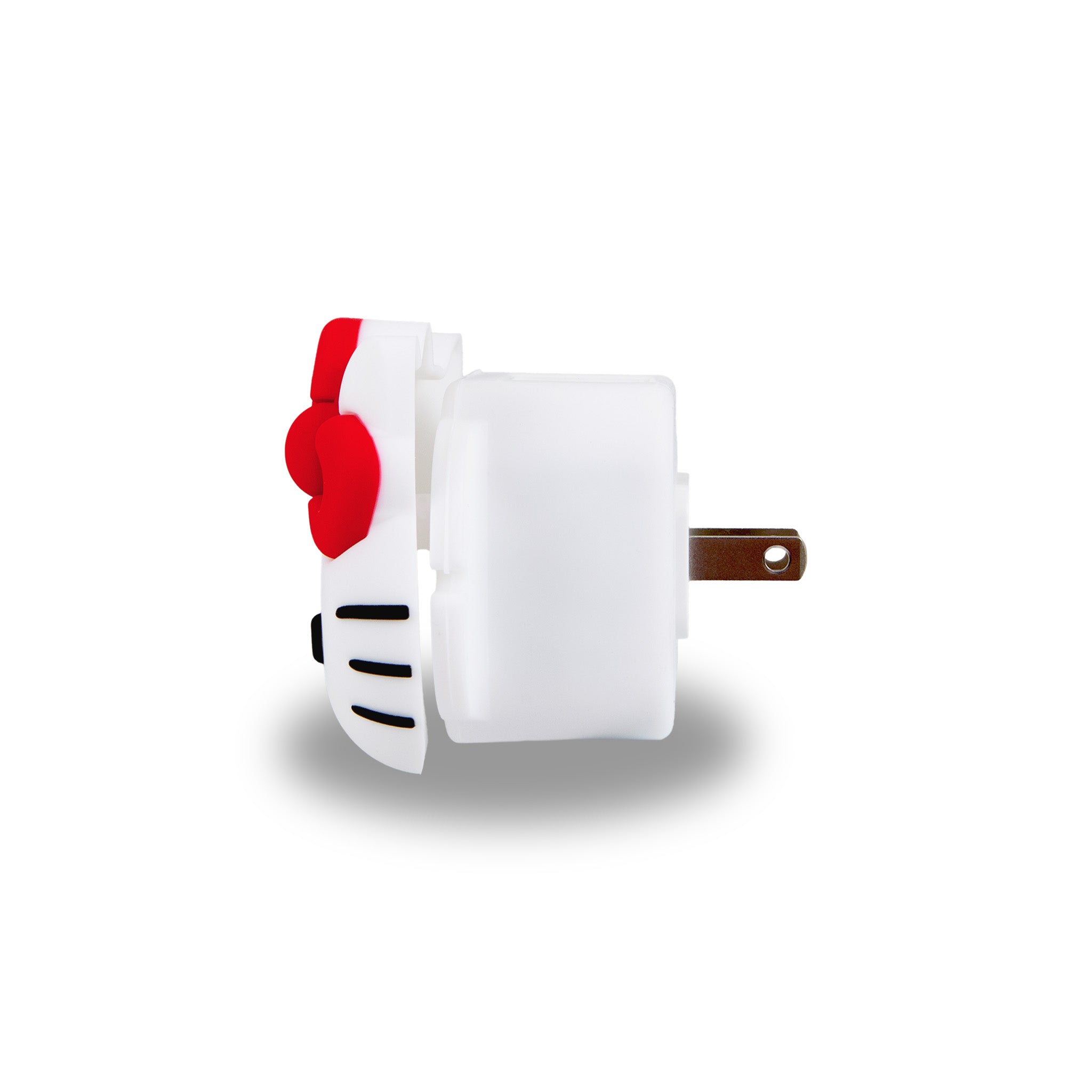 Hello Kitty USB wall adapter plugged into an outlet, showcasing the 3D silicone face cover.