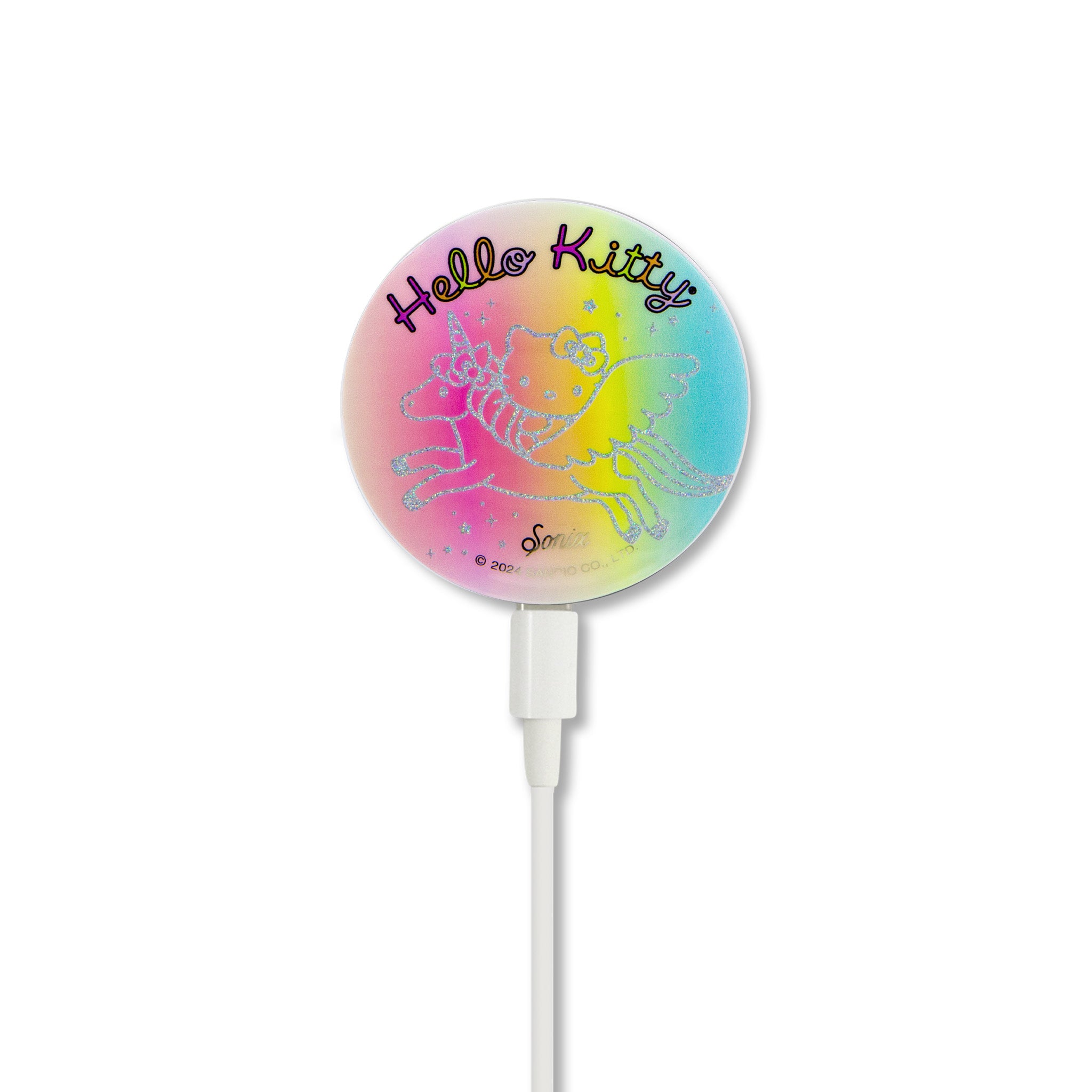Close-up of Hello Kitty MagLink Wireless Chargers magnetic disk and colorful design