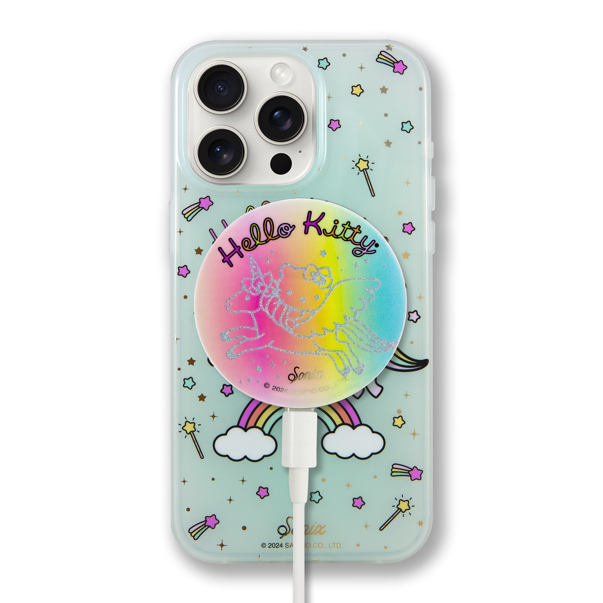 Hello Kitty MagLink Wireless Charger packaged with its USB-C cable and user manual