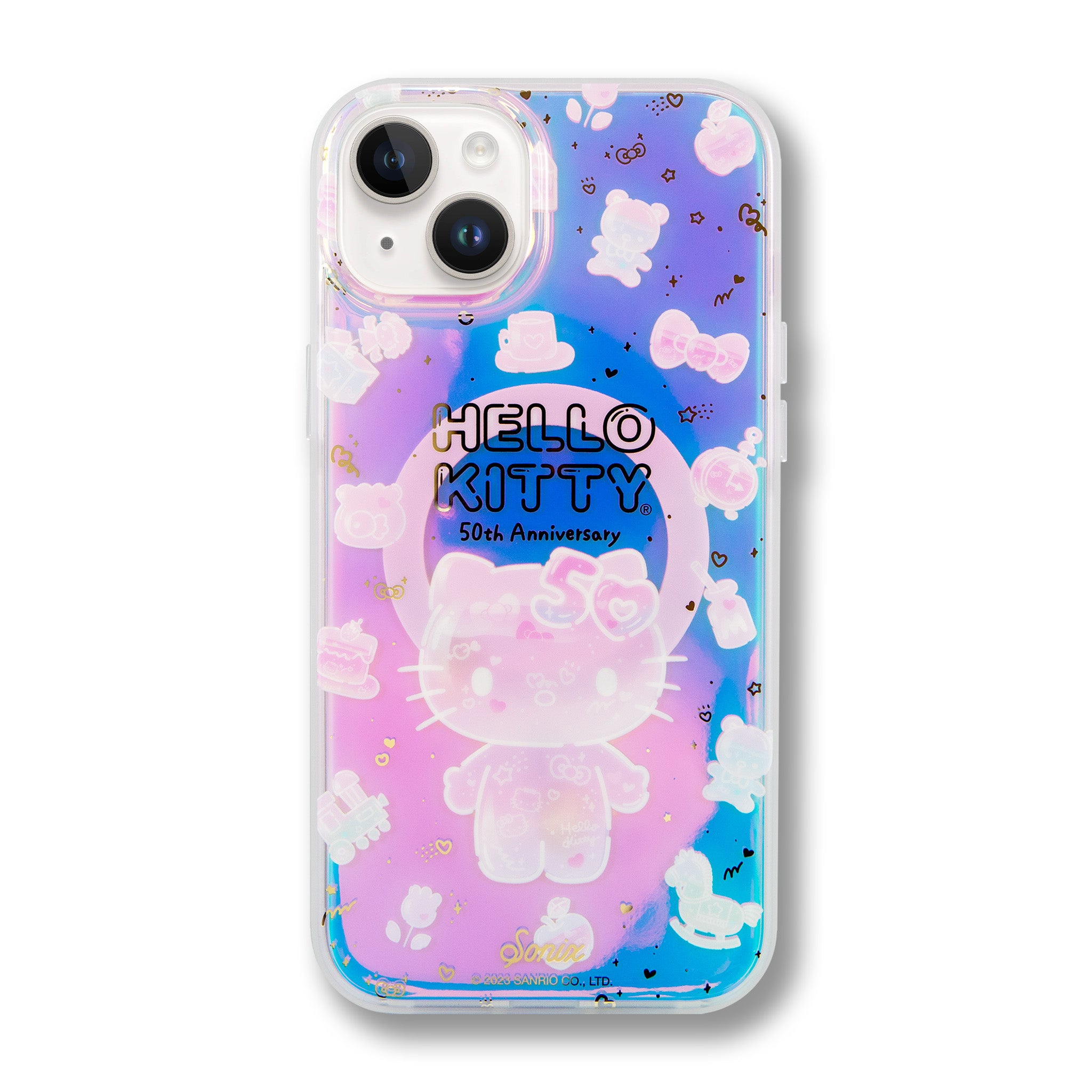 Hello Kitty iPhone case front view, showcasing iridescent artwork