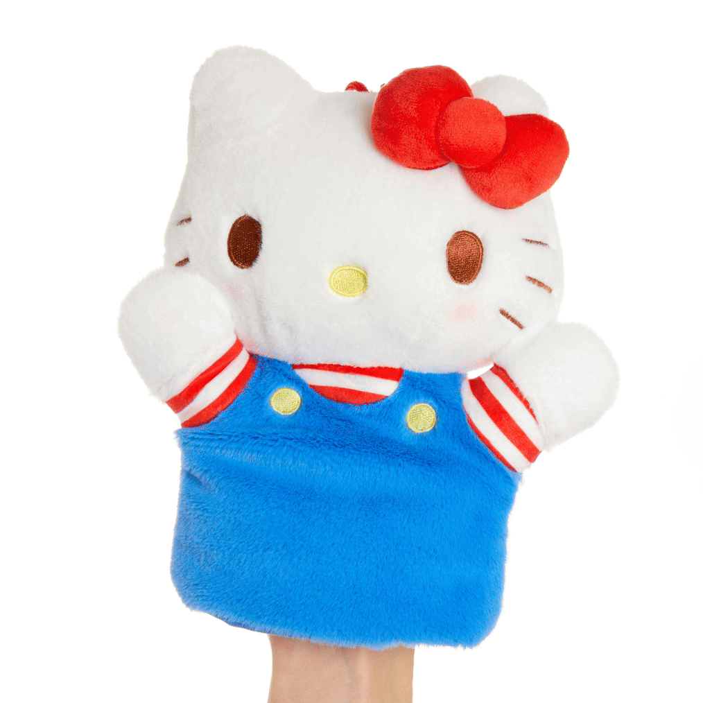 Front view of Hello Kitty plush puppet showcasing its soft texture and embroidered details.